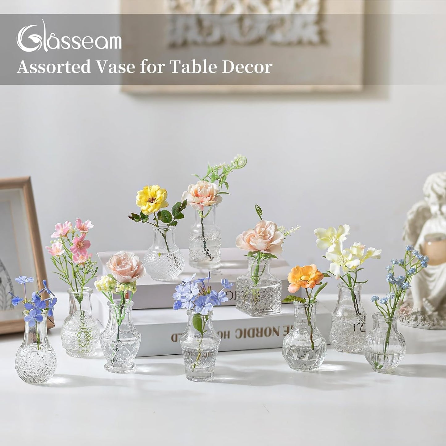 Glasseam Mini Bud Vases for Centerpieces: 20Pcs Clear Glass Vases in Bulk | For Single Flowers, Small Stems, Tiny 2.7", Embossed Thick Glass, Wedding, Party, Baby Shower, Dining Room Table Decoration BST326H