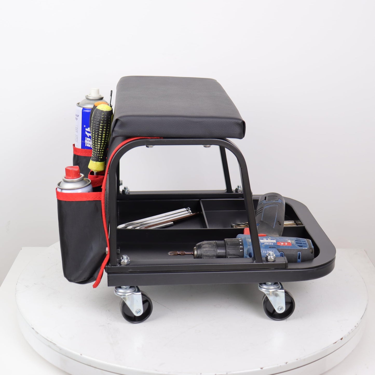 Rolling Mechanic Garage Stool on Wheels with Padded Cushion, Tool Tray Storage and Side Pockets, 300 LBS Capacity, Red BST220