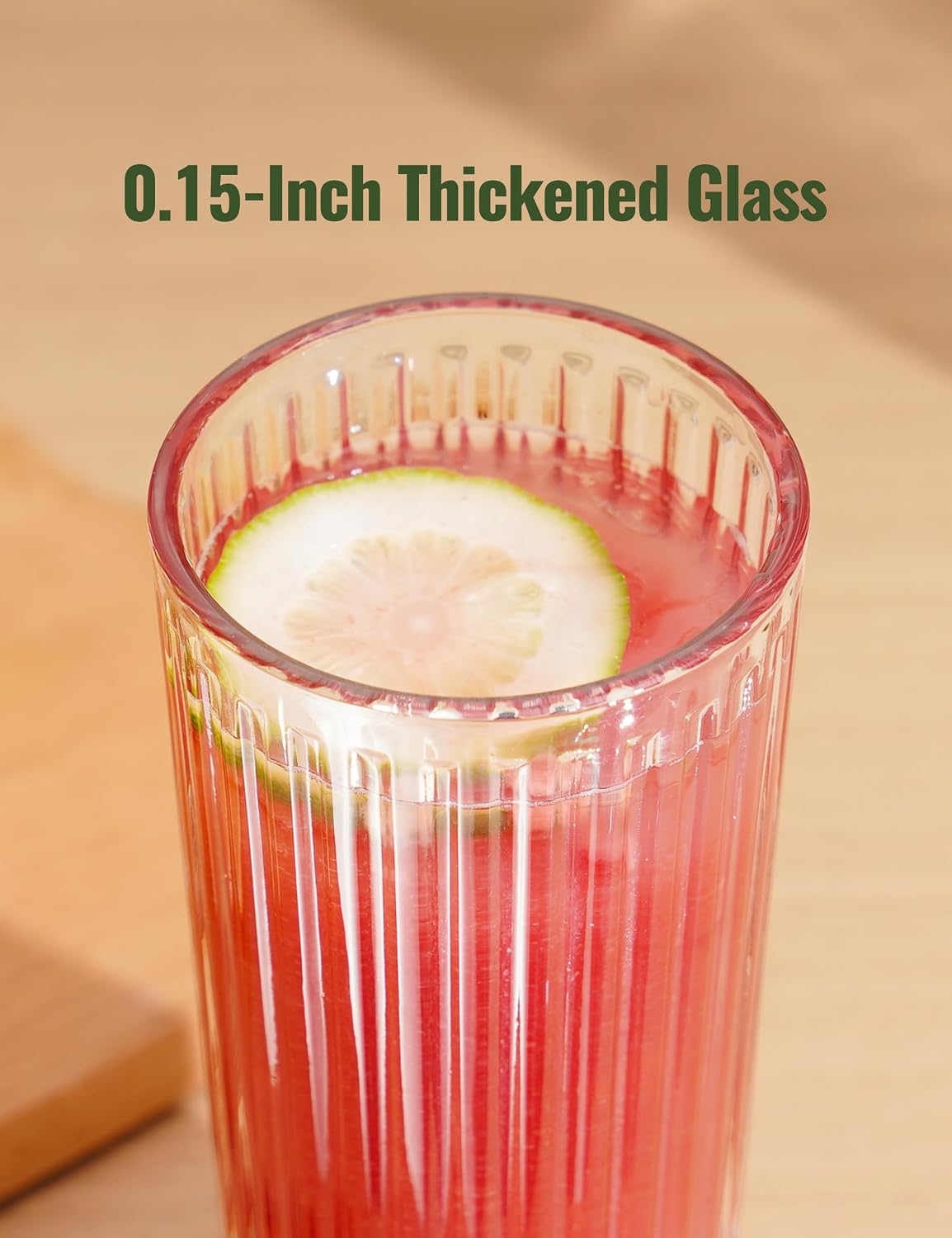 NiHome 18oz Ribbed Highball Glasses with Straws, Vintage Fluted Glasses | 2-Pack Ribbed Glasses, 18oz Large Capacity with 2 Reusable Silicone Straws, Dishwasher-Safe, for Bubble Tea, Smoothies BST326H