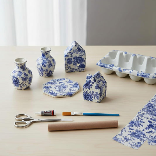 Jenaai 48 Pcs Chinoiserie Blue White Floral Clay DIY Kit, Clear Plastic Tray Craft Set Storage for Jewelry, Keys, Family Home Decor Gifts Include 40 Decoupage Napkins 2 Clear Tray 2 Clay BST220