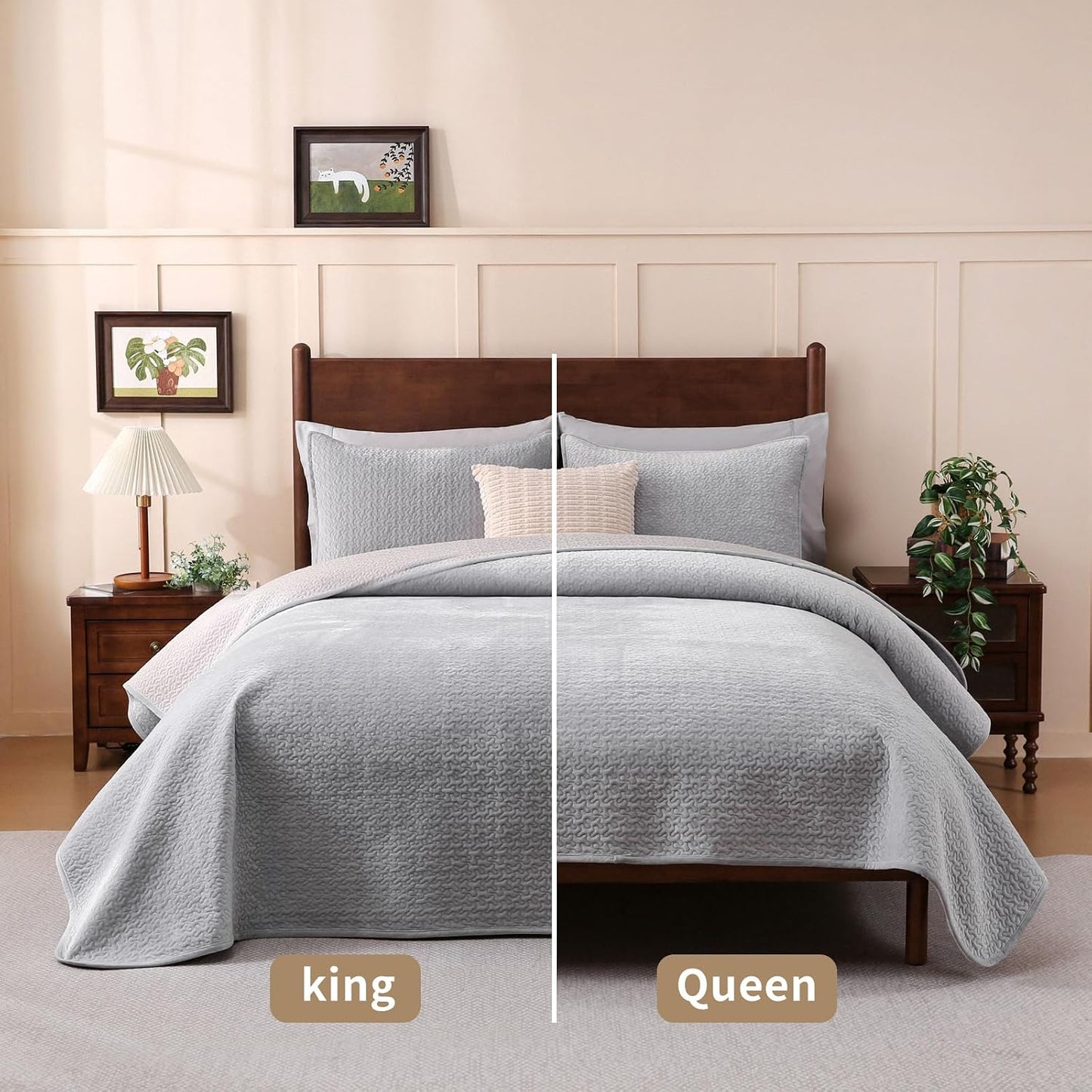 Velvet Quilt Set Queen Size - 3-Piece Lightweight Bedding, Soft Velvet Comforter, Oversized Bedspread Coverlet for All Season, Soft Gray BST326H