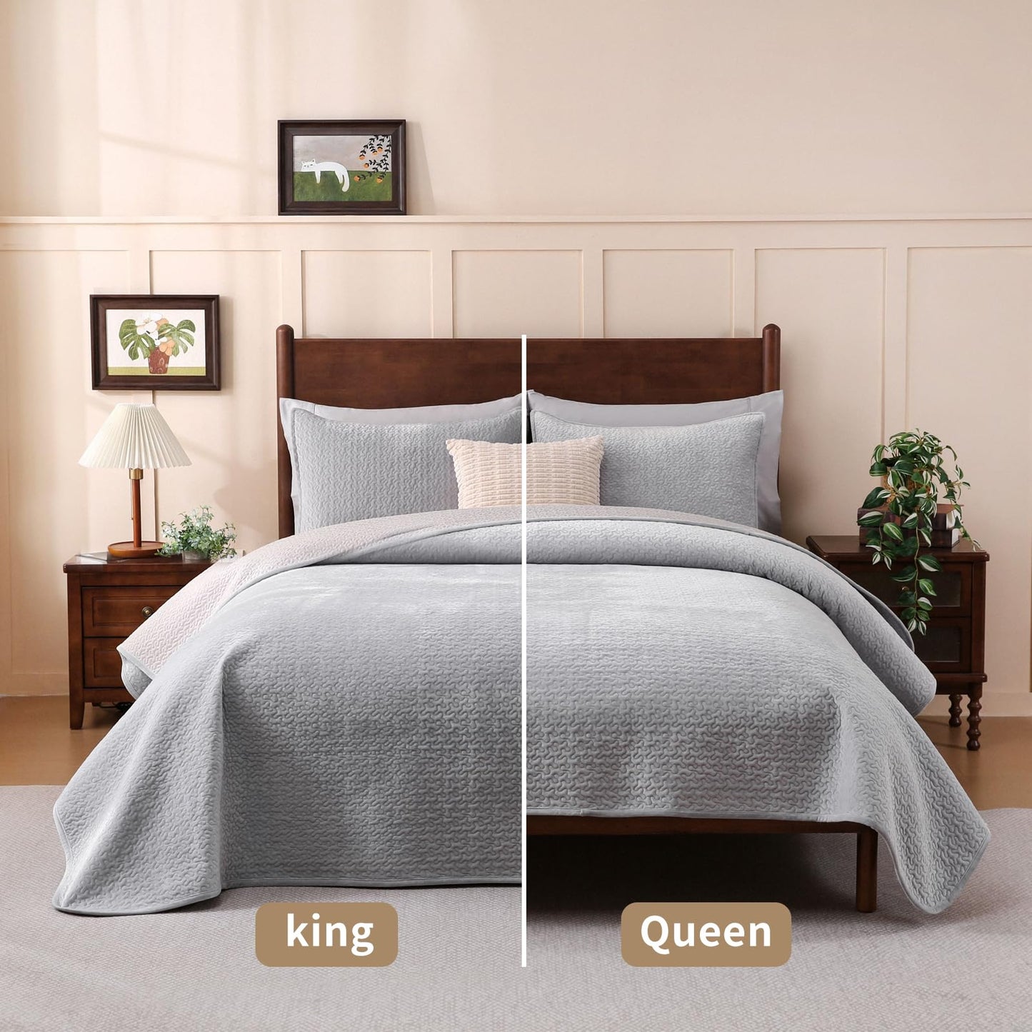 Velvet Quilt Set Queen Size - 3-Piece Lightweight Bedding, Soft Velvet Comforter, Oversized Bedspread Coverlet for All Season, Soft Gray BST326H
