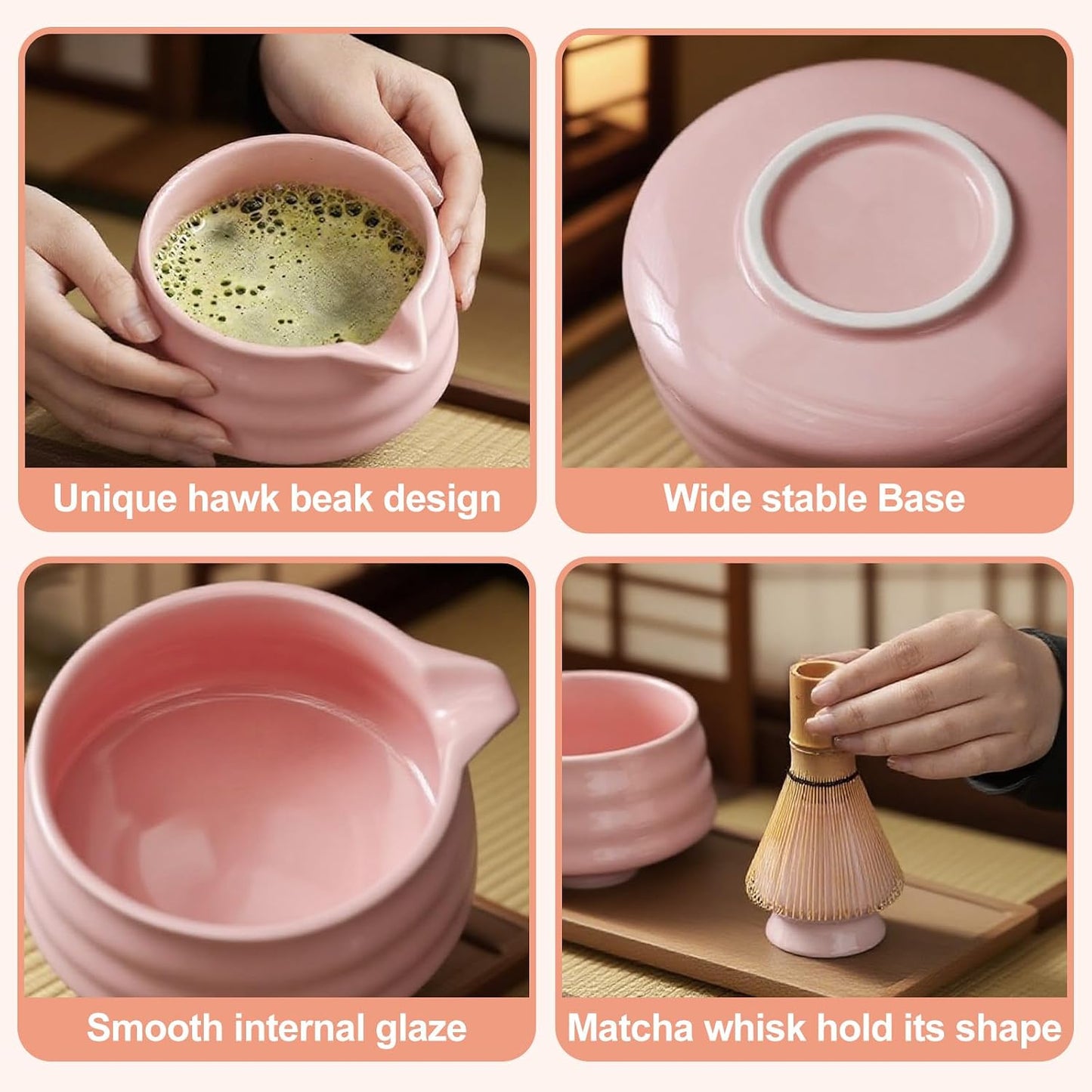 Matcha Whisk Set, 7PCS Matcha Set Includes Ceramic Matcha Set Includes Matcha Bowl, Matcha Whisk and Holder, Bamboo Scoop, Scoop Rest, Sifter and Tea Towel, Gift Bag (Pink) WN420