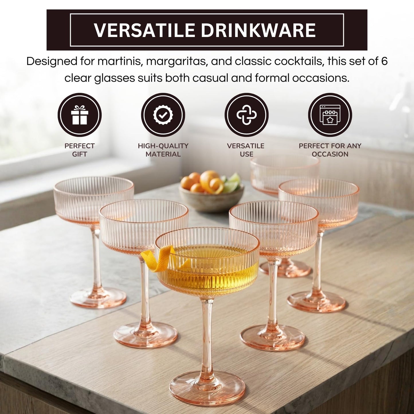 Khen Pink Peach Acrylic Ribbed Coupe Martini Champagne Cocktail Glasses, Set of 4, 8 oz Shatterproof Ripple Stemware European Style Reusable Drinkware Goblets, Indoor Outdoor Parties Weddings Bar Gift BST220