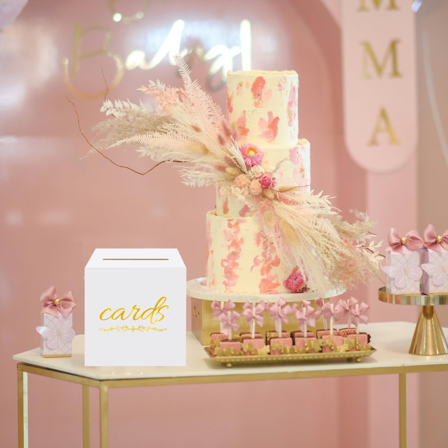1 Pack White and Gold Wedding Card Box for Party Graduation Bridal Baby Shower Retirement Decorations Cardboard Birthday Card Holder Raffle Ballot Voting Box with Slot 7.8 x 7.8 x 7.8 In BST220