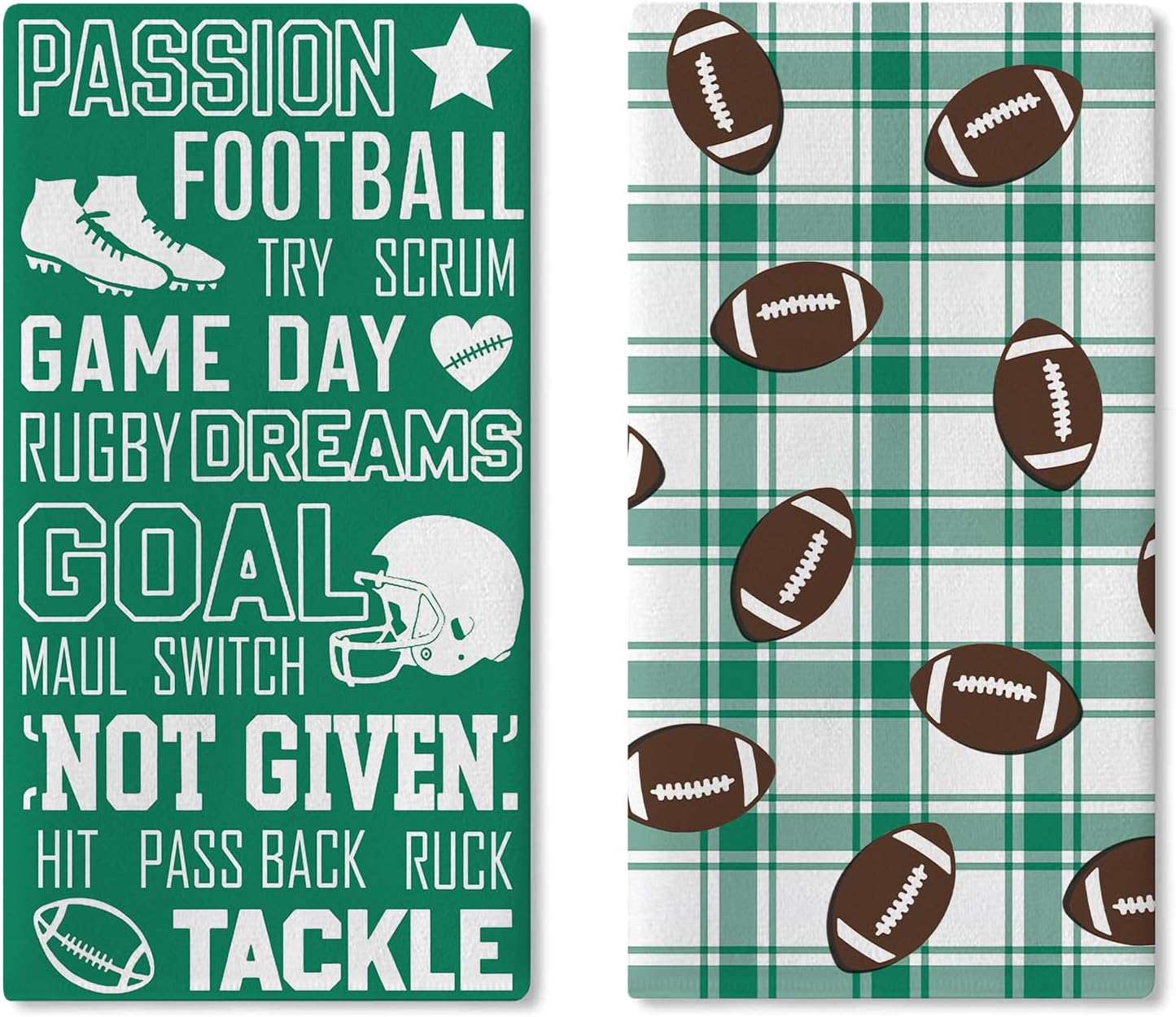 Football Season Kitchen Dish Towels Set of 2, Rugby Sport Game Day | Green Buffalo Plaid Drying Hand Towel Baking Cooking Cloth, Farmhouse Bathroom Home Decor Football Player Gifts 18'' x 26'' BST202