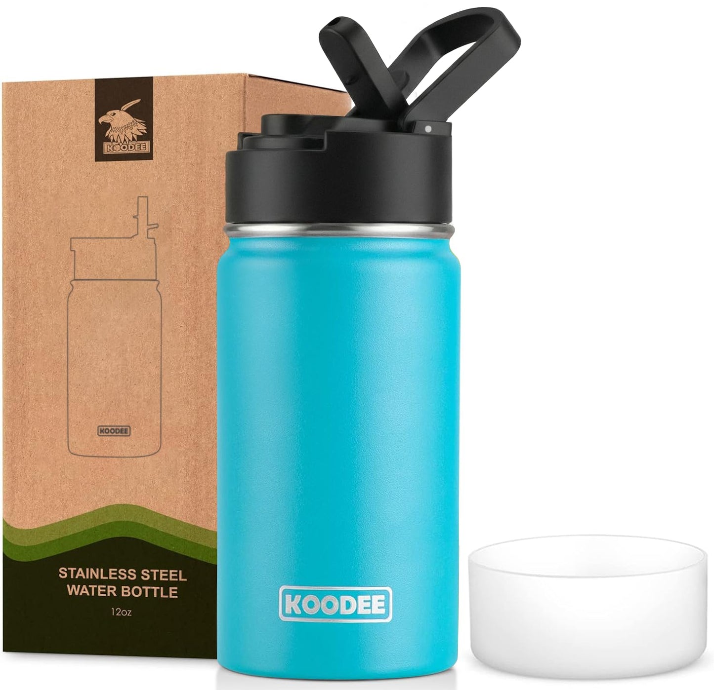koodee Water Bottle-12 oz Stainless Steel Double Wall Vacuum Insulated Water Bottle for School-Wide Mouth Flask with Straw Lid (Teal) BST220