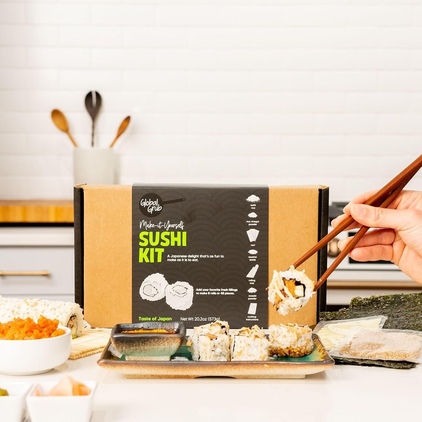 Global Grub DIY Sushi Making Kit - Sushi Kit With Ingredients - Sushi Rice, Nori Sushi Seaweed, Sushi Rice Seasoning, Sesame Seeds, Wasabi Powder - Bamboo Rolling Mat, Instructions, Makes 48 Pieces DD1210