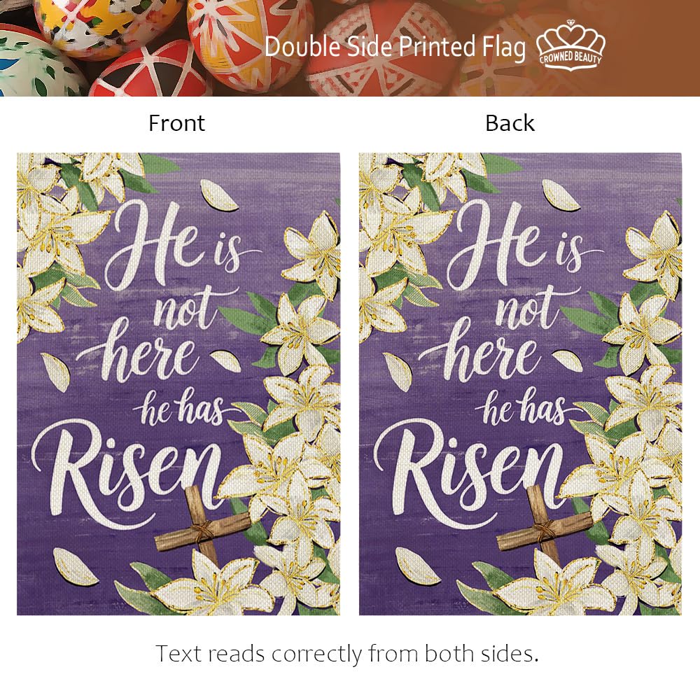 CROWNED BEAUTY Easter Garden Flag He is Risen 12x18 Inch Double Sided Holiday Decoration for Outdoor Lawn Yard WN420