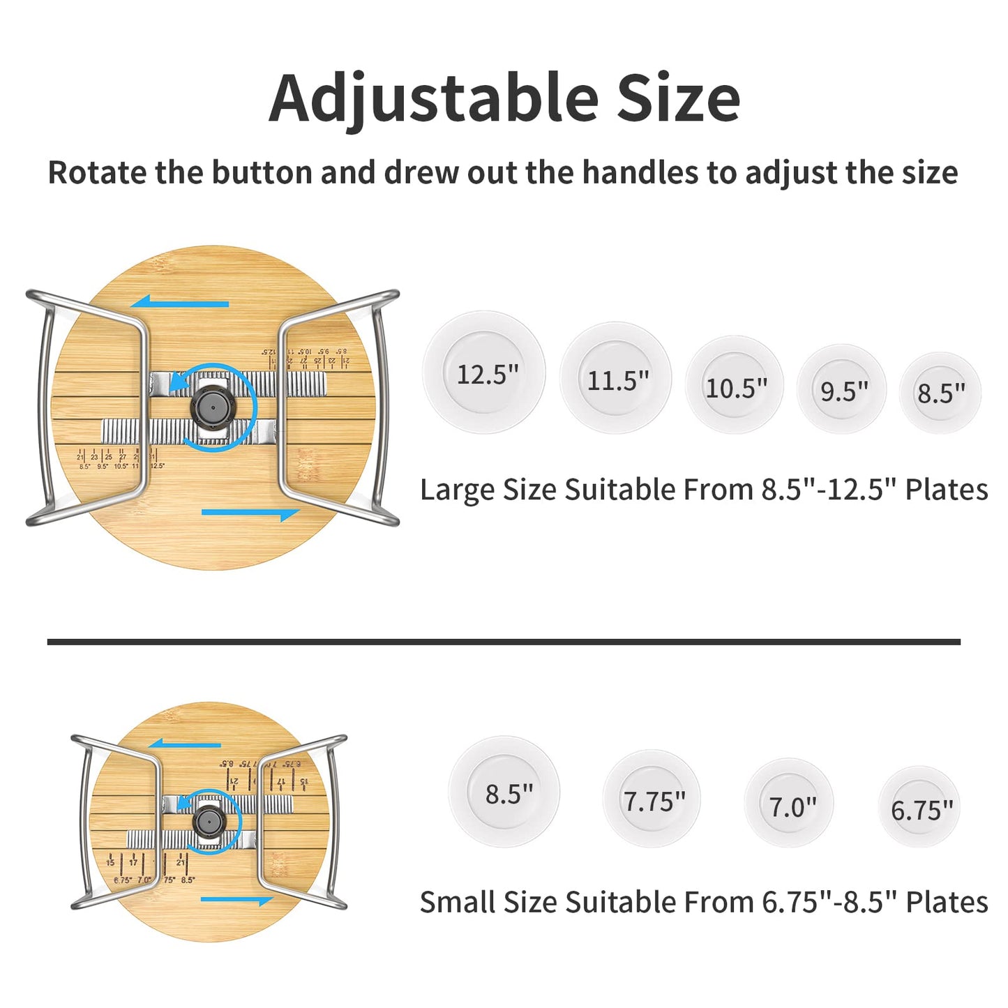 Plate Organizer for Kitchen Counter Bamboo Dish Racks for Cabinet Plate Holder for Kitchen Drawer Storage 2 Pack Adjustable for 6.75" to 8.5" Stainless Steel 304 Portable Handle BST220