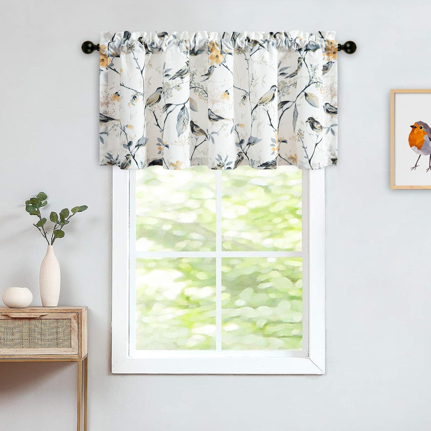 Leeva Tie Up Valance for Windows, Elegant Birds Pattern Light Filtering Window Treatment Valances for Bedroom Kitchen, One Panel, 52 x 18, Light Blue BST220