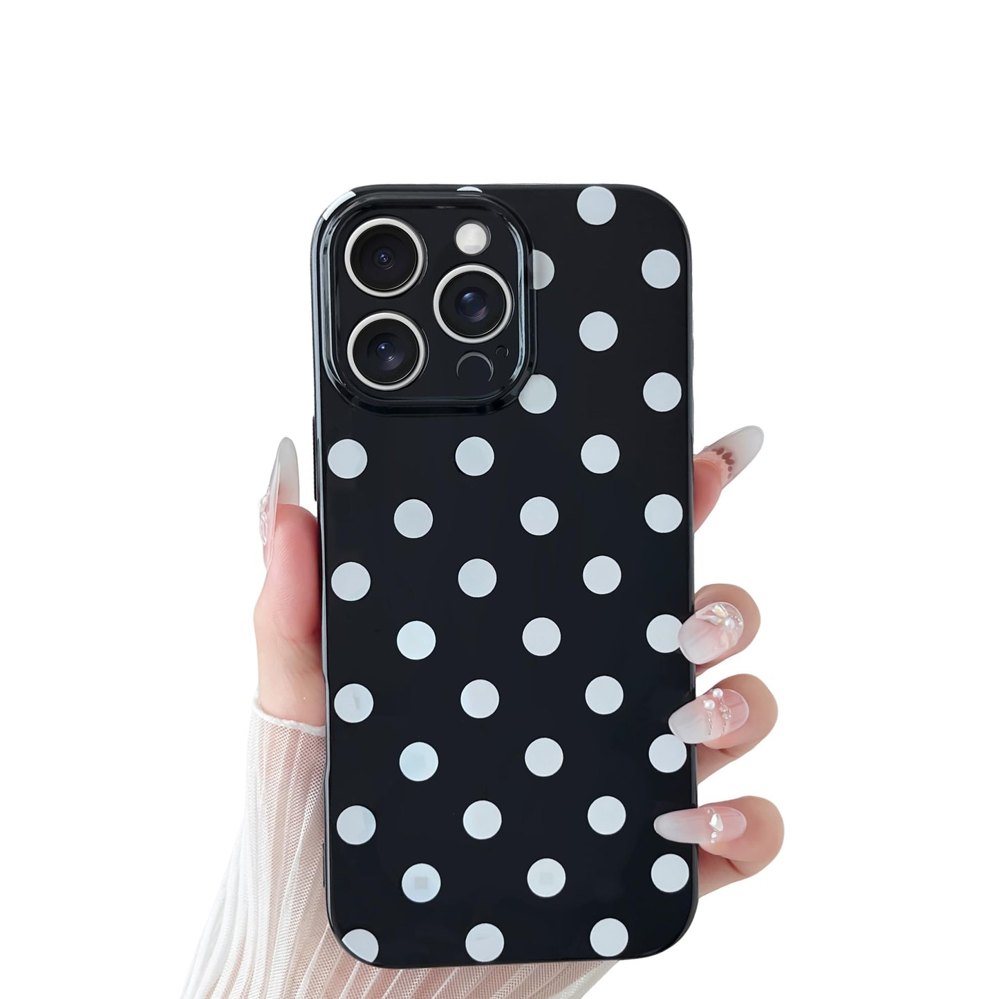 Skyseaco Compatible with iPhone 15 Case Cute Polka Dot Phone Case Soft Slim TPU Shockproof Phone Cover Full Camera Protection for Women Girls - Black WN420