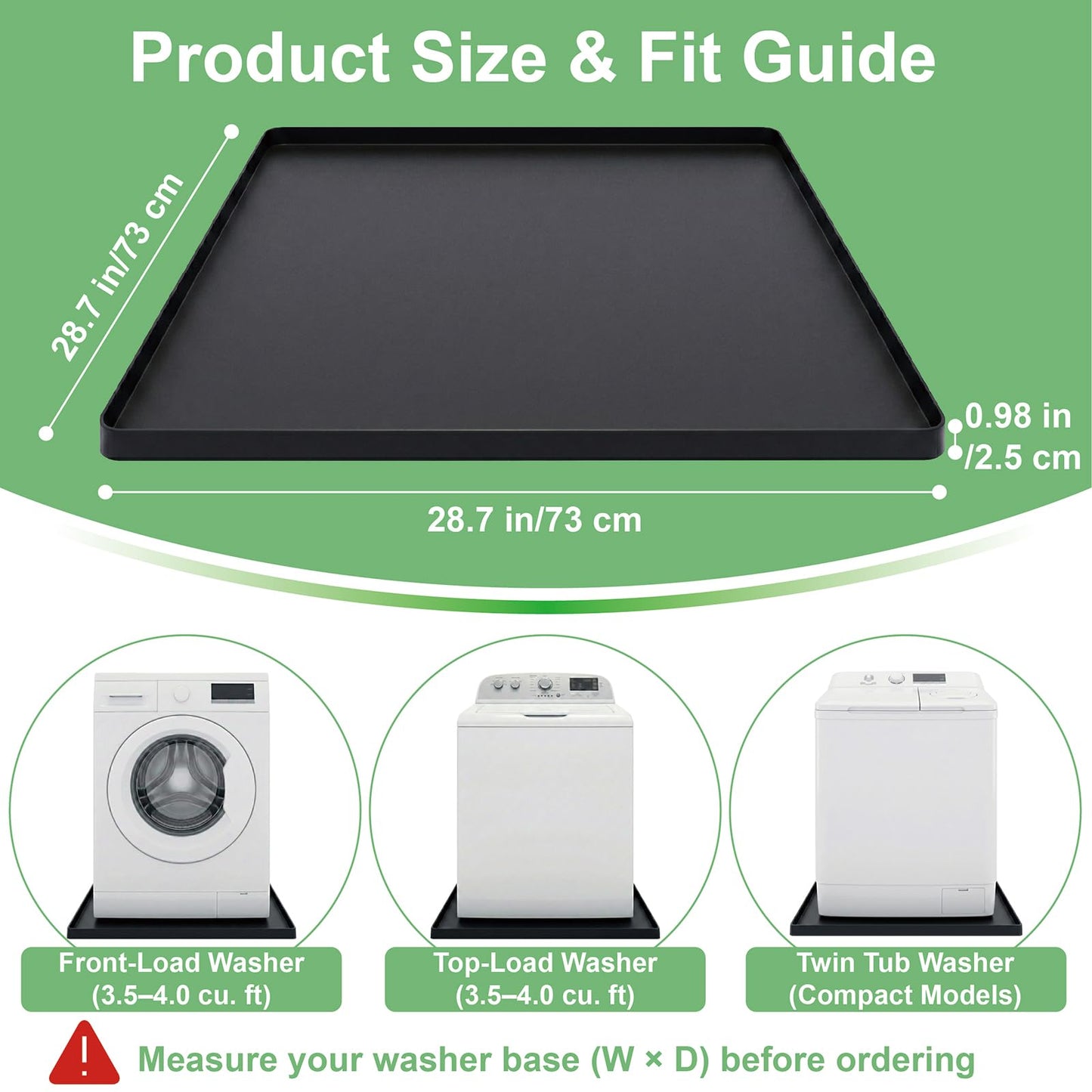 27 x 27 Inch Washing Machine Drain Pan, Silicone Washer Pan, Grey | 2cm Raised Waterproof Edge, Washer and Dryer Mat for Floor Protection, Fits Compact Washers Up to 3.5 Cu.Ft. BST220