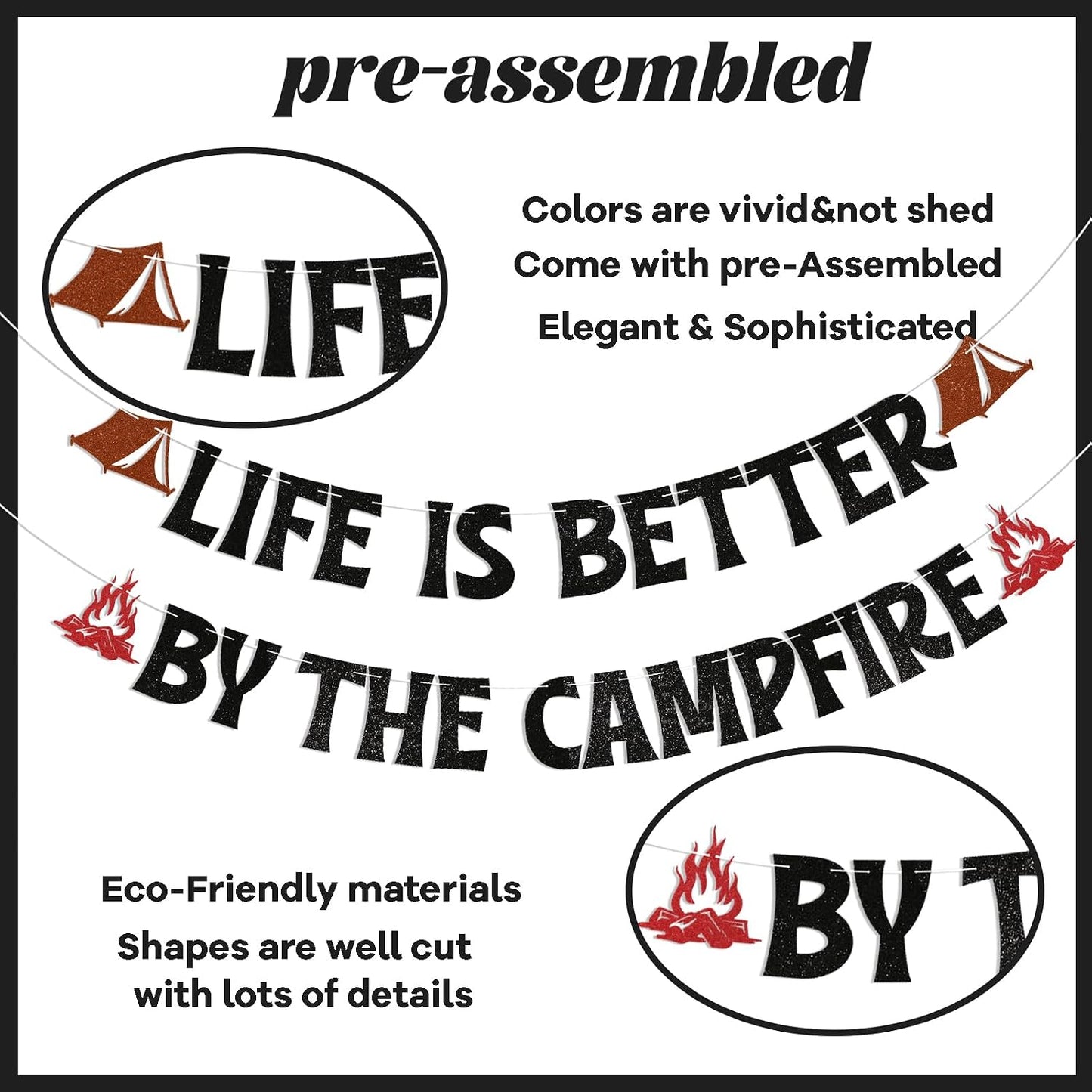 Life is Better By The Campfire Banner - Happy Camper Party Decor, Forest Adventure Decor, Camping Theme Birthday Party Decorations Black Glitter BST220