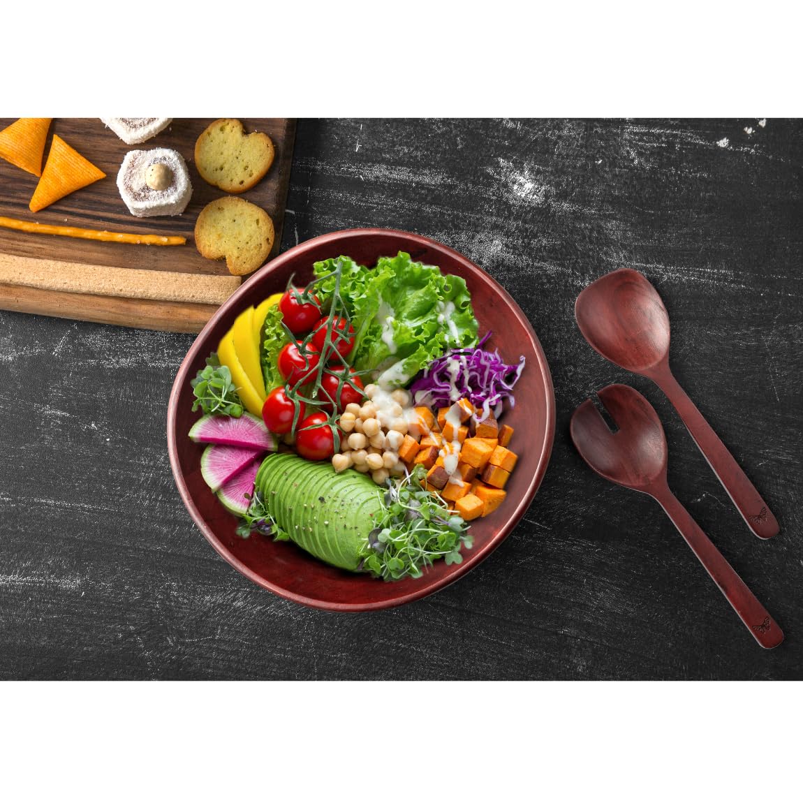 Melvvi Large Wooden Salad Bowl Set with 2 Serving Utensils | 12" Acacia Wood Bowls for Food | Great Mothers Day gift (Natural Set of 3) BST220