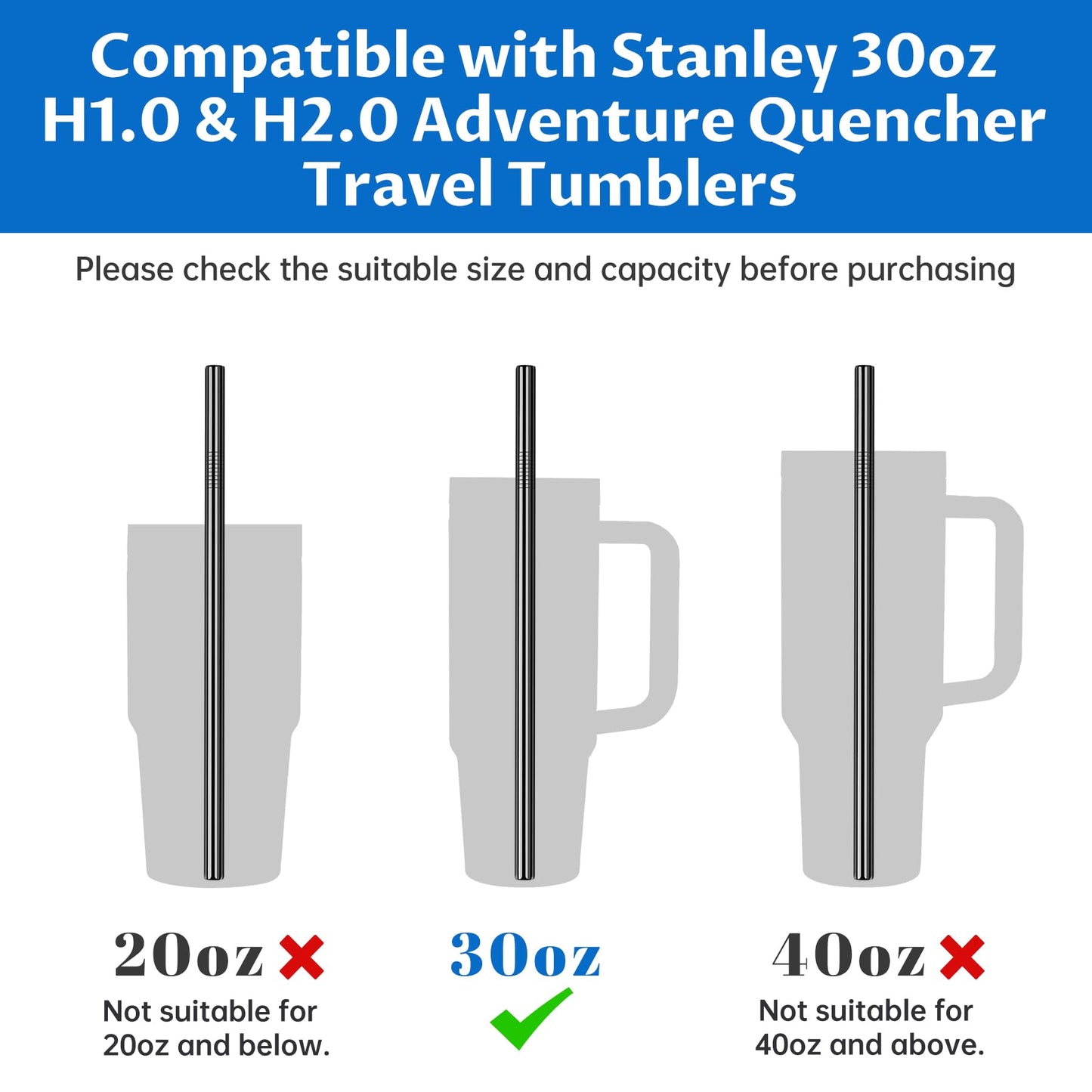 Tomorotec 14PCS Stainless Steel Straws Fit for 30oz Stanley Tumblers | 11" Reusable Drinking Straws with Brush, 7 Bent & 7 Straight for Smoothies, Milkshakes, Coffee, Dishwasher Safe (Metallic) BST326L
