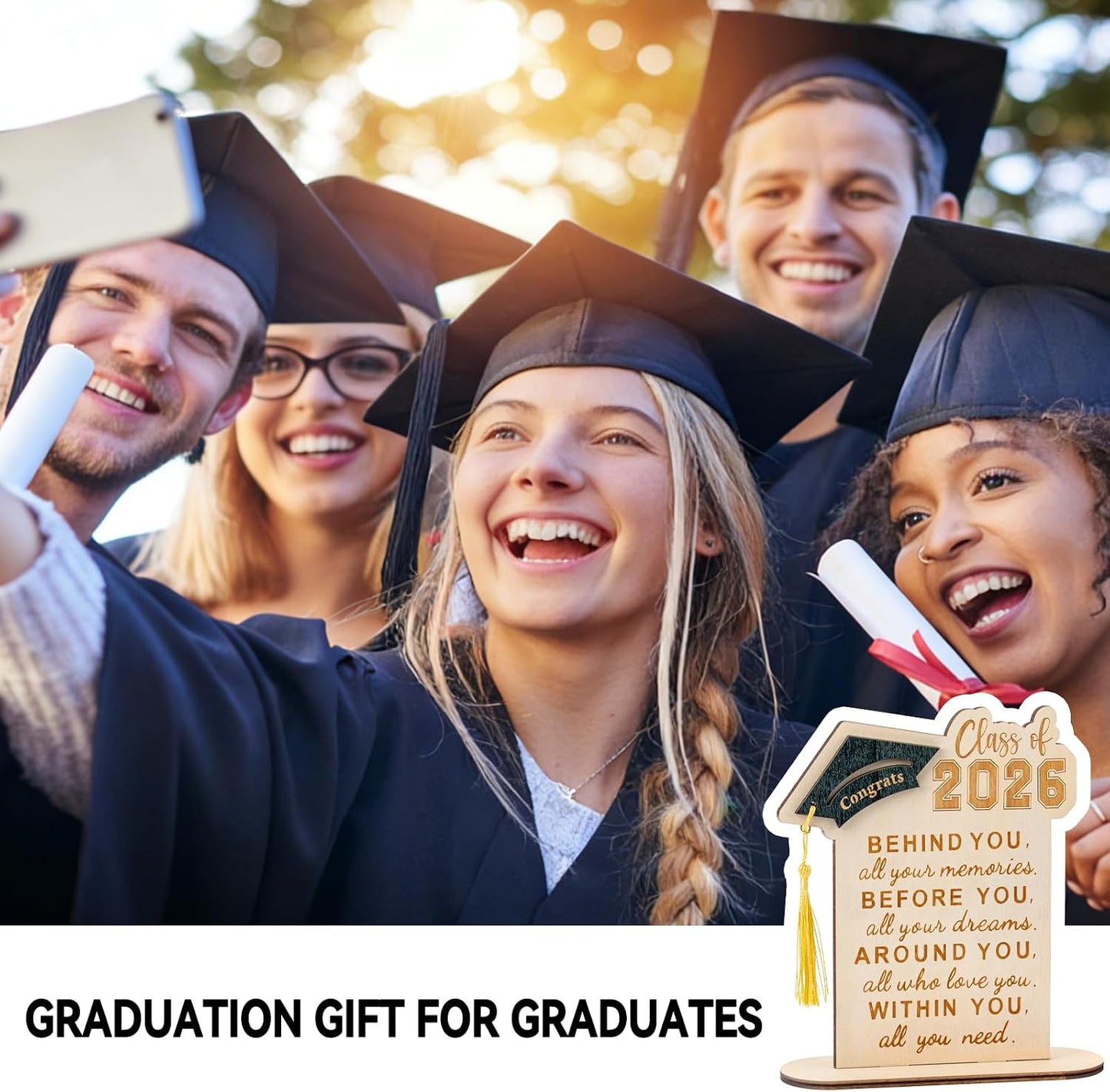 Graduation Decorations, Graduation Gifts for Class of 2026 | Graduation Quote Wood Sign Desk Decor, Positive Behind You All Your Memories Wood Plaque with Stand Desk Decoration Grad Gift WN420