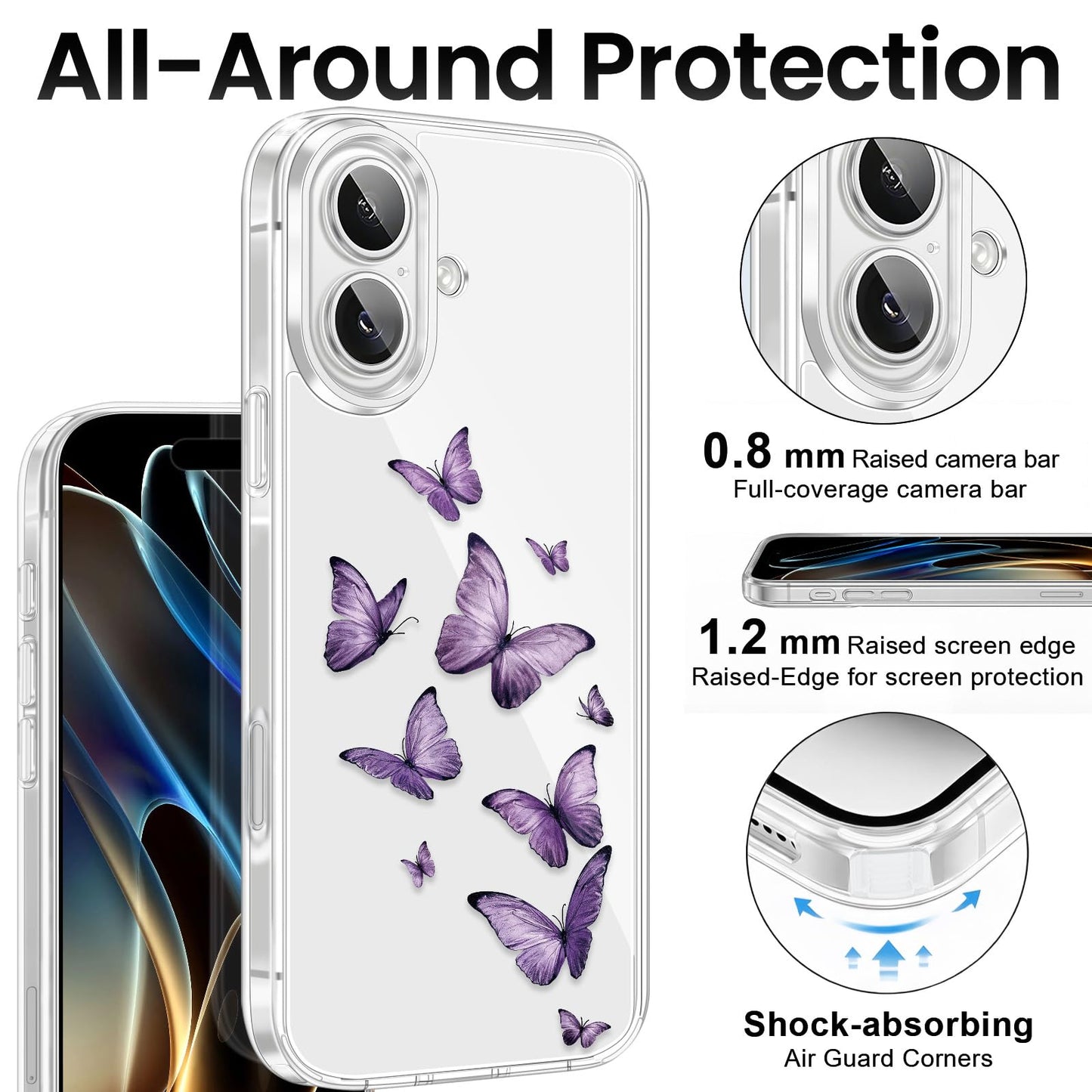 Cute Girly Crystal Clear Case Compatible with iPhone 16 Pro, Camera Control & Shockproof Protection Floral Case for Women, Blue Butterflies WN420