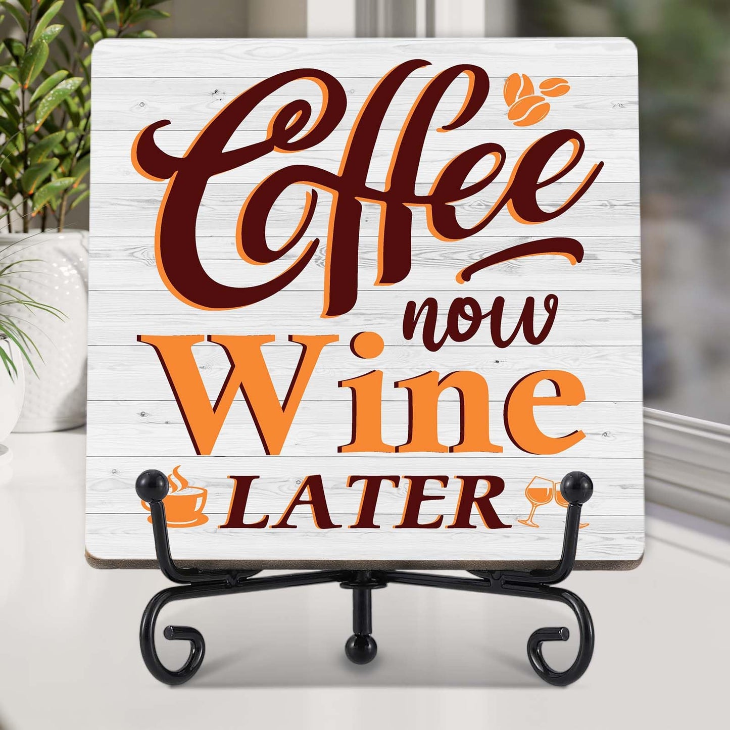 Coffee Bar Decor, Farmhouse Kitchen Table Decor, Coffee Station Accessories, Wooden Decorative Sign with Iron Stand for Table Desk Shelf Display-E21 BST220