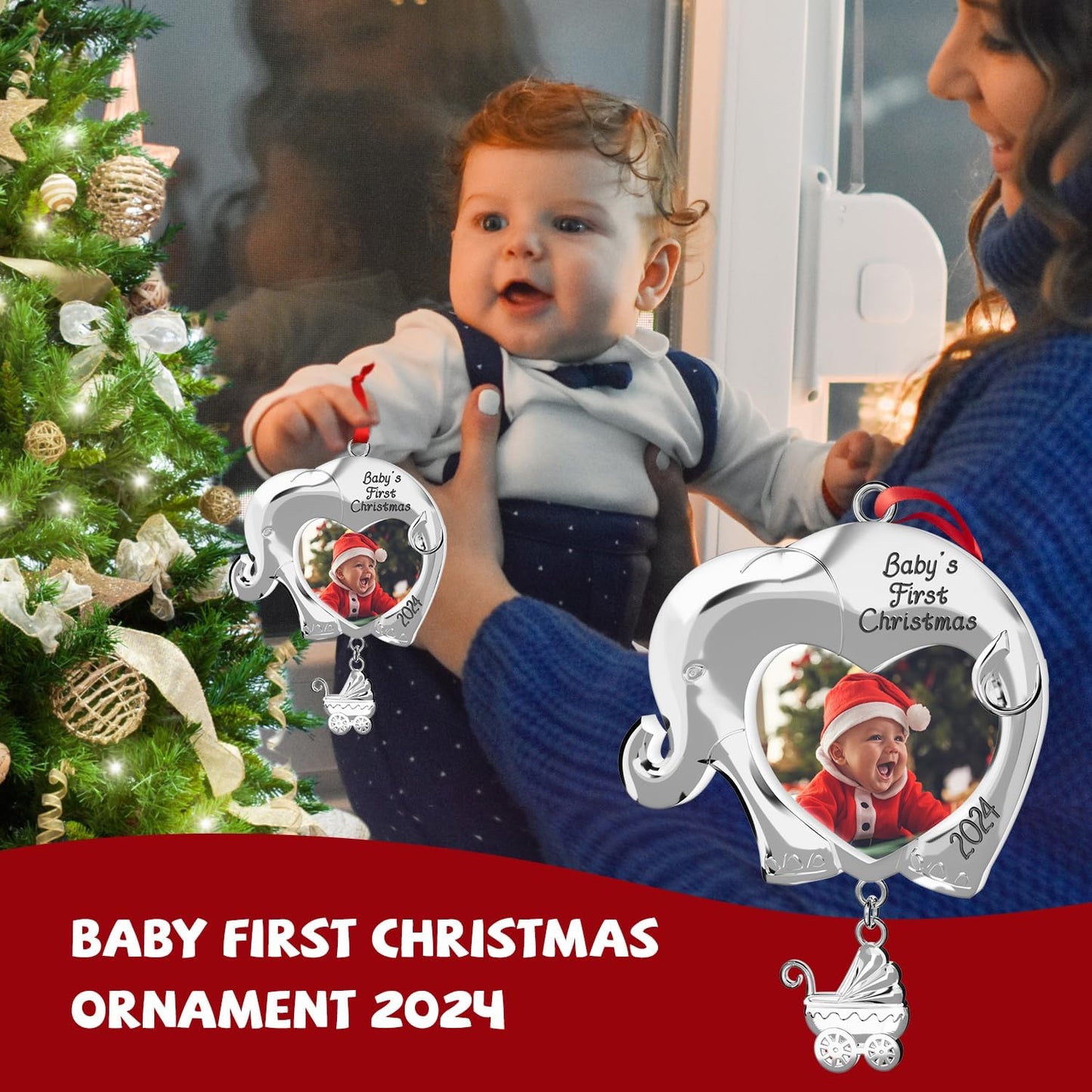 Babys First Christmas Ornament 2024 Boy Girl, Custom Personalized Babies First Xmas Tree Picture Frame WN420