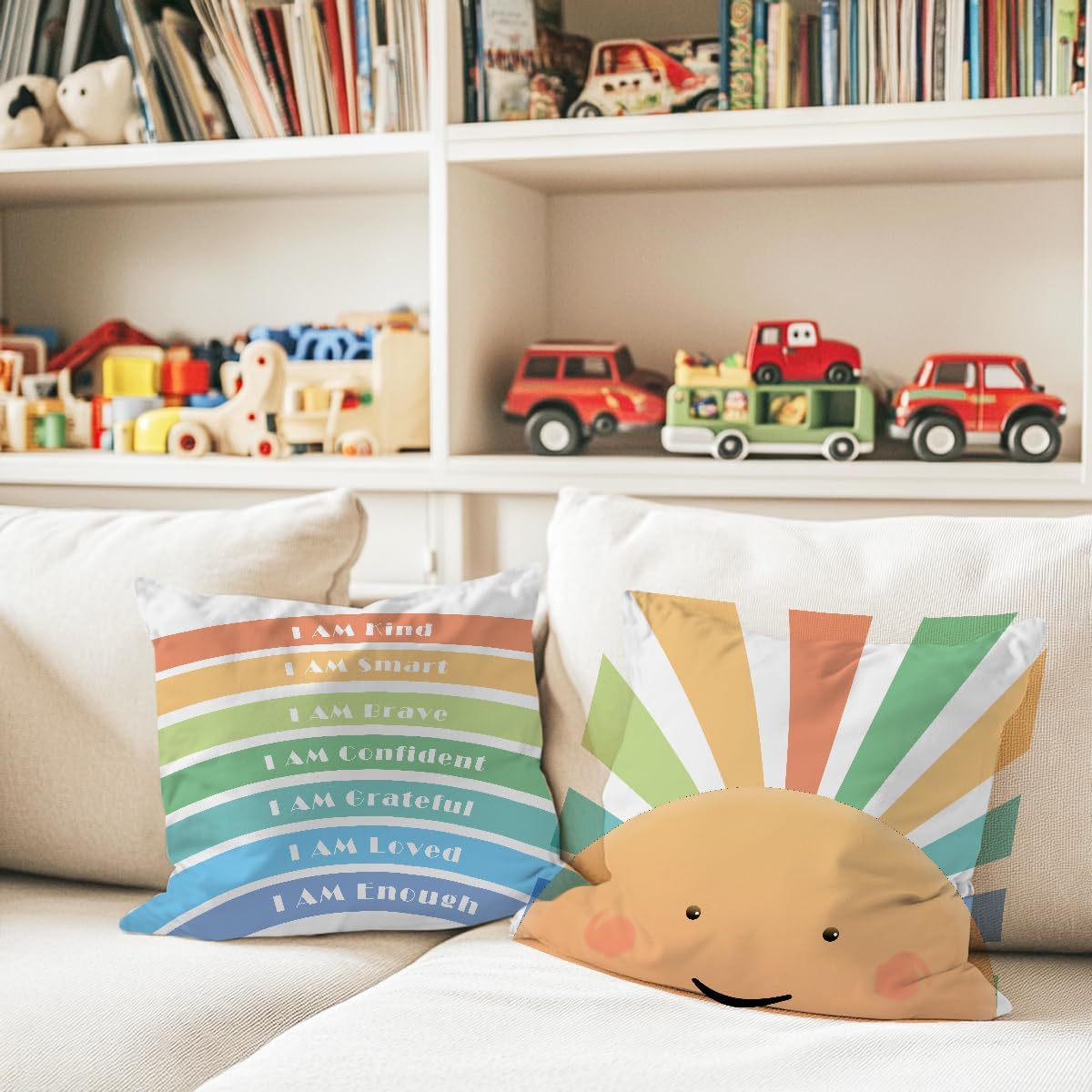 2PCs Inspirational Pillow Covers Boho Rainbow Sun Throw Pillow Covers 18x18 | Playroom Decor, Boho Sun Throw Pillow Covers, Kids Reading Nook Decor Pillowcase for Classroom Playroom Nursery BST202
