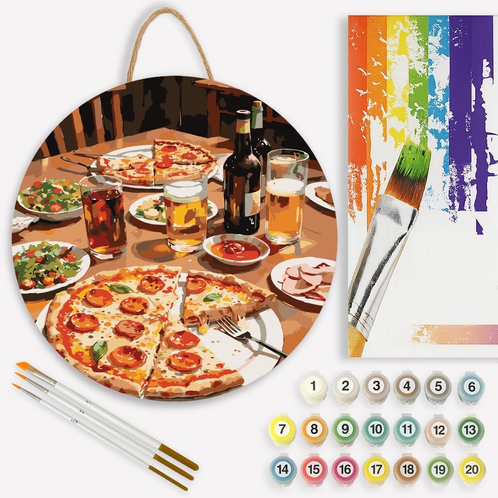 Food & Drink Paint by Numbers Kit for Adults - DIY Pepperoni Pizza and Drink Table Painting on Canvas 12x16 Inches, Acrylic Paint Set, Suitable for Beginners, Art for Kitchen Decor or Gifts BST326H