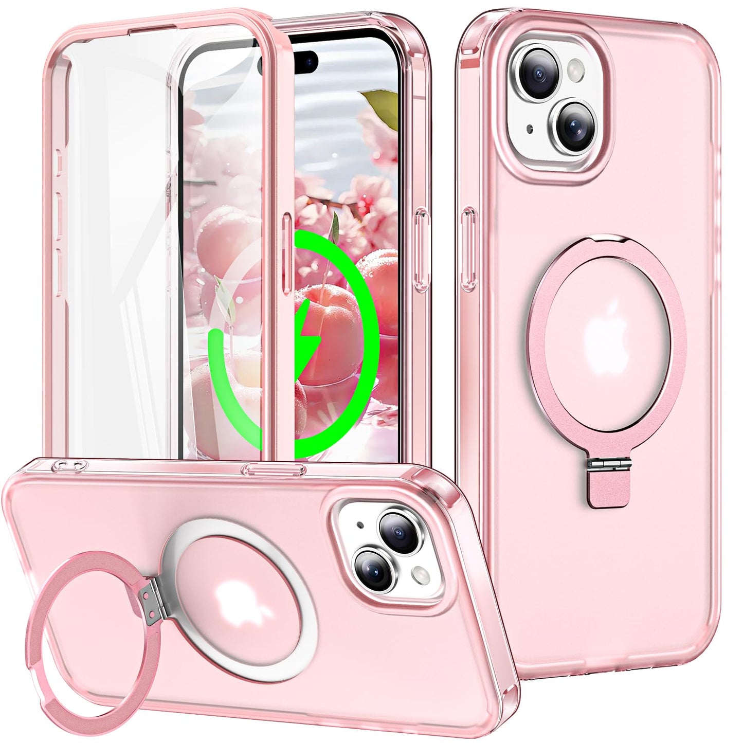 for iPhone 13 Pro Full Body Shockproof Case with Magnetic Invisible Stand [Compatible with MagSafe] Built-in Screen Protector Military Drop ProtectionTranslucent Phone Cover -Hot Pink WN420