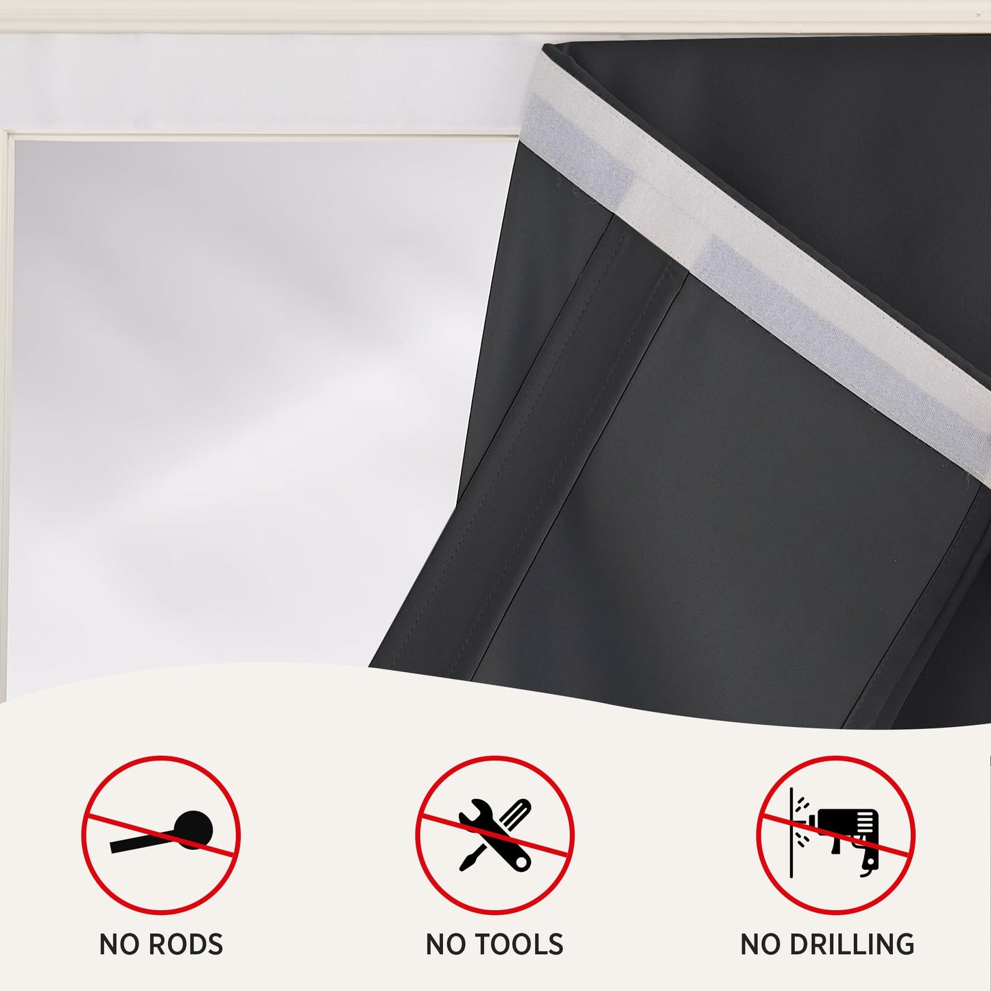 RYB HOME 100% Blackout French Door Curtains for Door Window - Room Darkening No Coating Thermal Insulated Privacy Protection Adhesive Cover for Glass Window, W 26 x L 40, 1 Panel, Black BST220