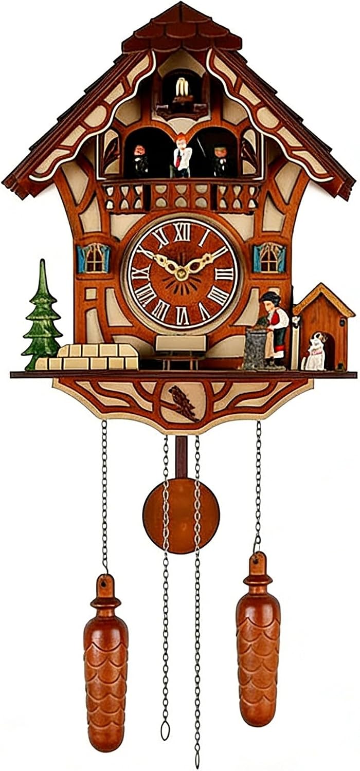 Black Forest Wooden Cuckoo Clock with Dancing Figures, Quartz Wall Clock | Nature Wood; Volume Control; Night Silent DD1210