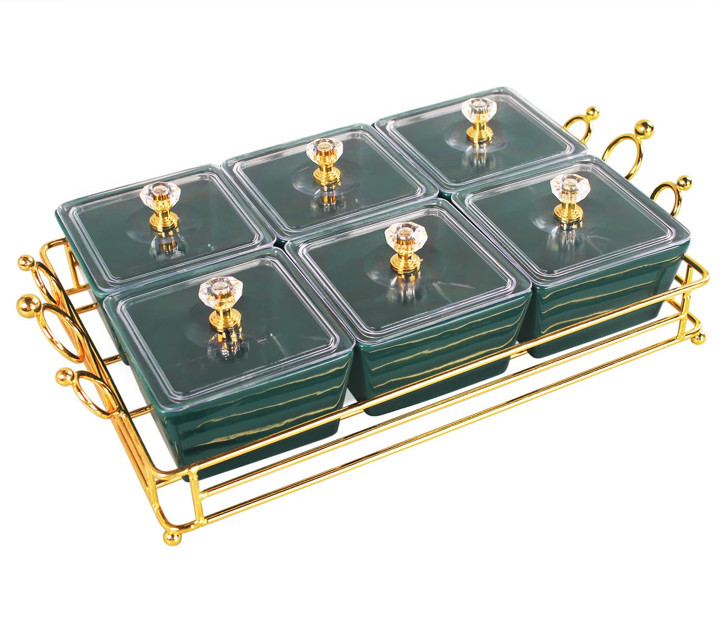 YA JU Ceramic Bowls and with Lid Gold Basket Trays, 4 Removable Small Bowls Condiment Trays Nut Serving Set for Snacks, Fruits, Candy and Condiments - Great for Parties, Holiday Gifts,White BST202