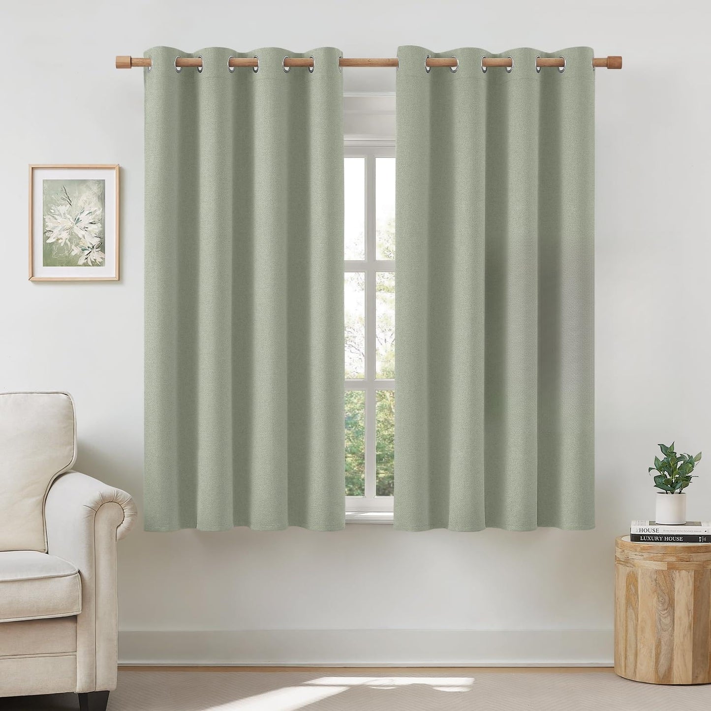 HOMEIDEAS 100% Ivory Cream Linen Blackout Curtains for Bedroom, 52 x 96 Inch Length 2 Panels Faux Linen Thermal Insulated Black Out Grommet Window Drapes for Living Room BST202