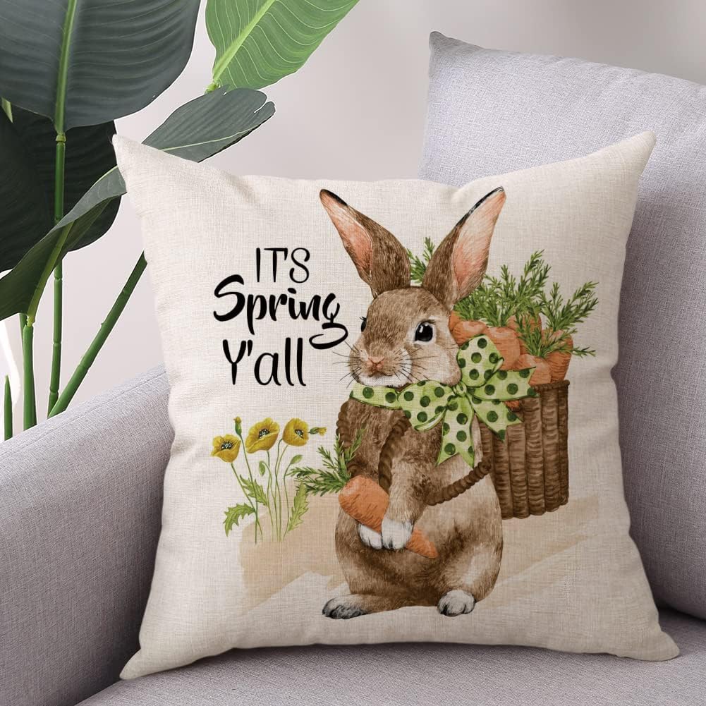 Spring Easter Pillow Covers 18x18 Set of 2 Rabbit Bunny Carrot Truck Spring Flowers Decorative Throw Pillow Covers for Home Office Sofa Bed Couch BST326L
