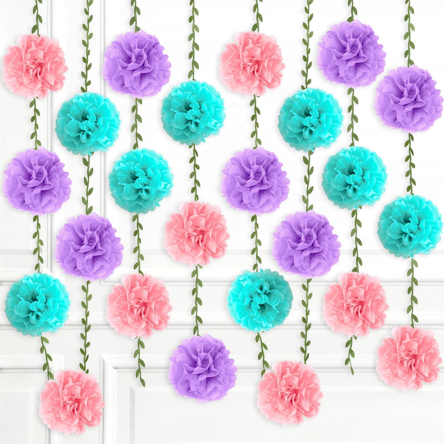 kreat4joy 4pack Pink Purple Tissue Paper Pom Poms Flowers Garland Leaf Ribbon 98.42inches Pre-Strung Reusable Ceiling for Birthday Baby Shower Wedding Bridal Shower Home Event Wall Party Decoration BST220