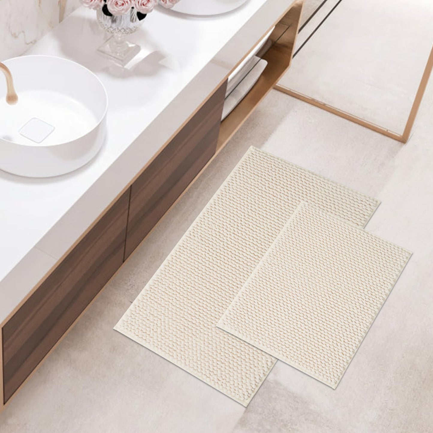 FRESHMINT Chenille Bathroom Rugs Sets 2 Piece 17"x24"+20"x32", Non-Slip Bath Mats, Absorbent Bath Rug, Washable Set of 2 Shower Floor Mat, Gray BST220