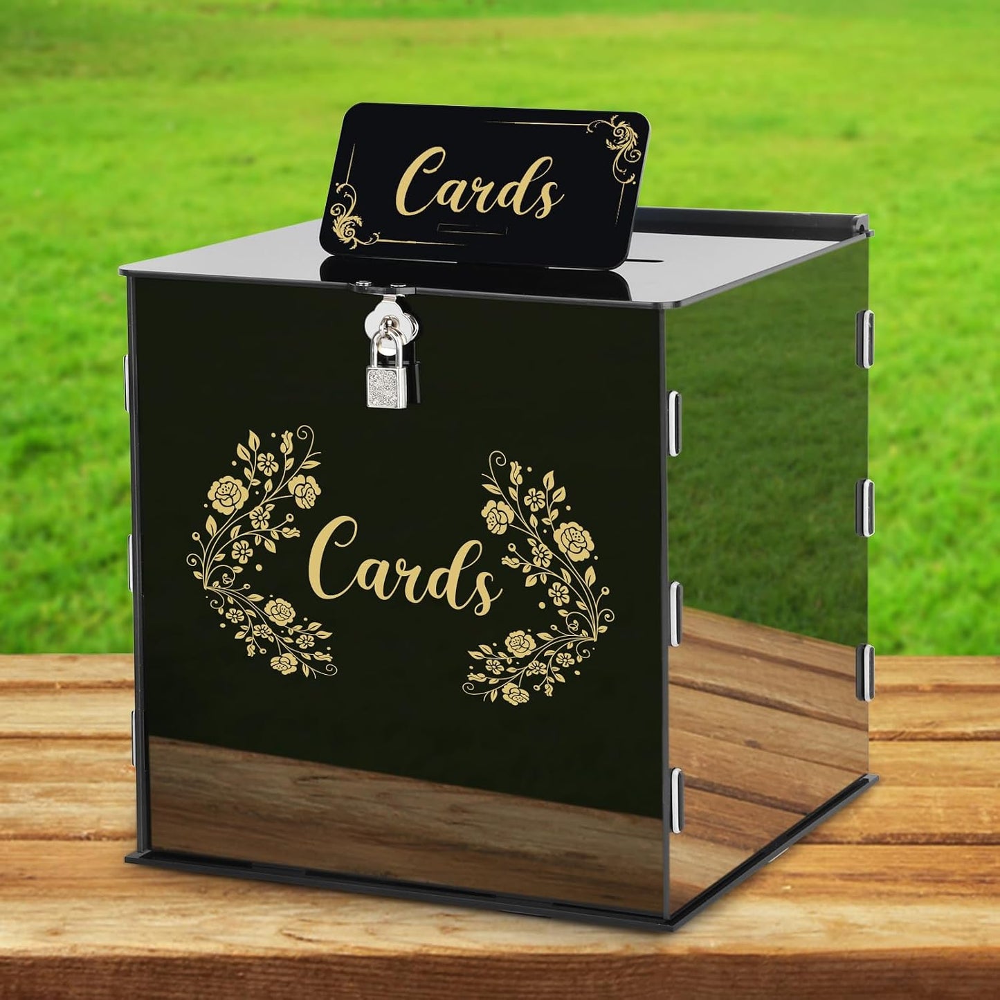 Fowecelt Acrylic Wedding Card Box with Lock Black Card Box DIY Large Rustic Card Box for Wedding Reception Bridal Shower Birthday Baby Shower Party Graduation Decorations (10x10x10 Inch) BST326H