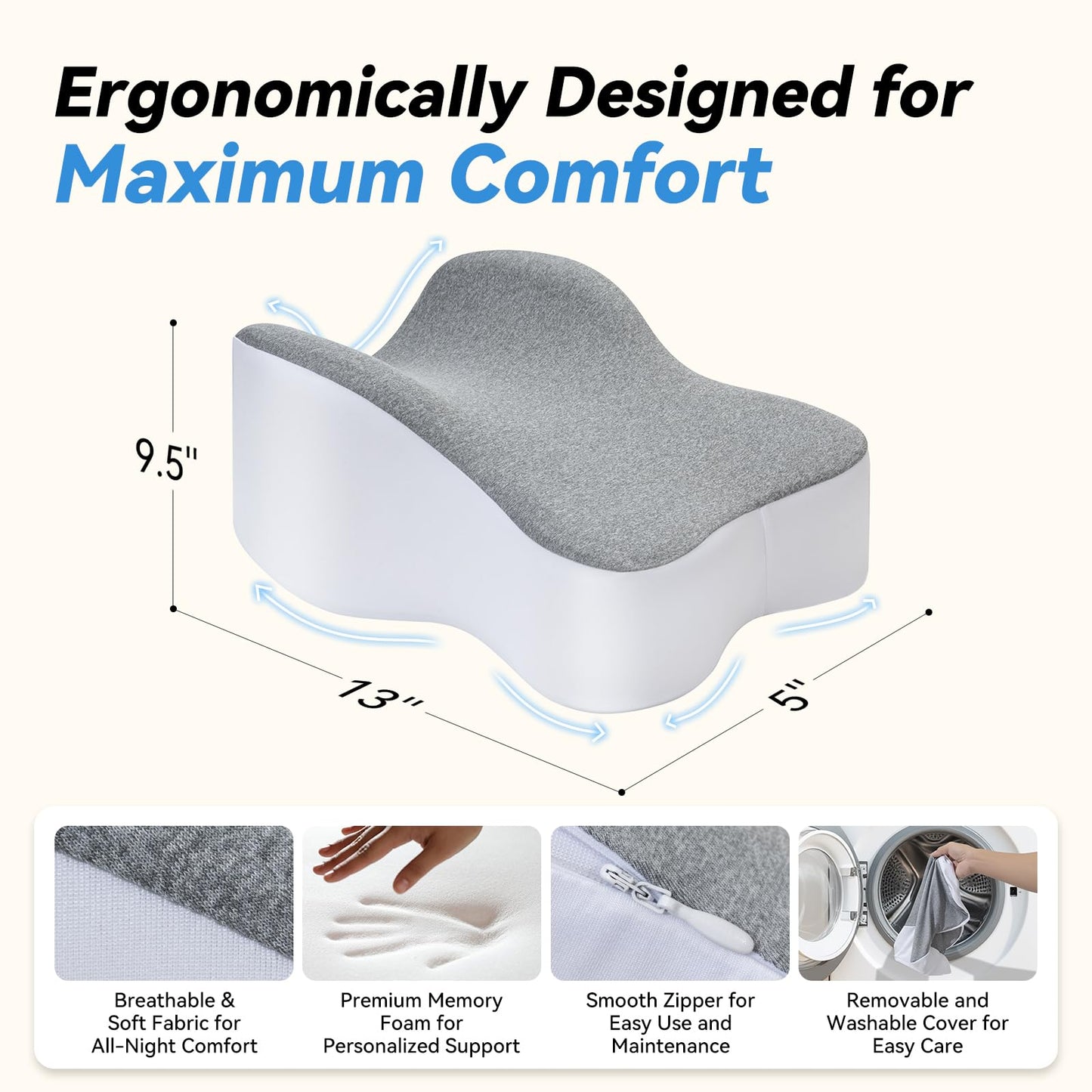 UJPFEO Knee Pillow for Side Sleepers,Leg Pillows for Sciatica,Knees,HIPS,Joints Between Legs,Back Pain Relief When Side Sleeping Spine Alignment Support for Knee Surgery Recovery,Grey WN420