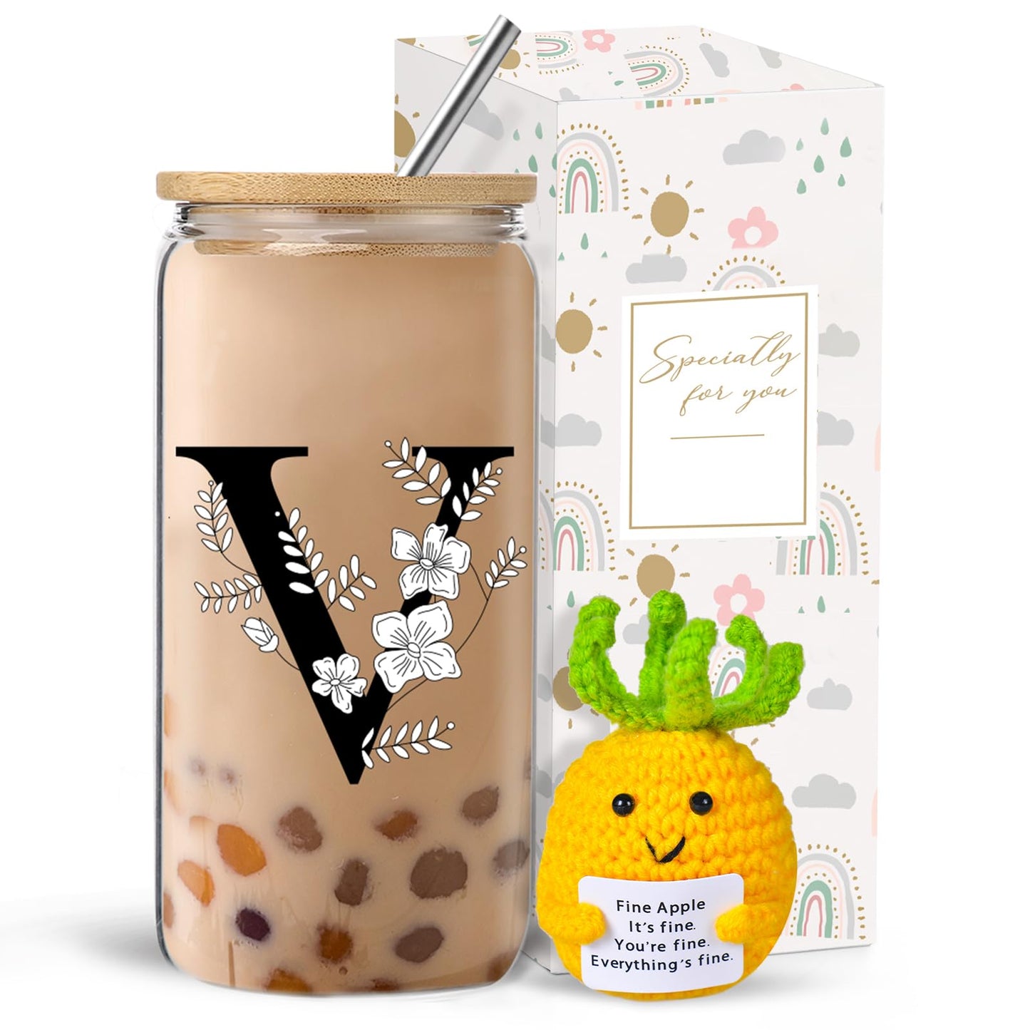 Monogrammed Initial Glass Cup with Lids and Straws gift for Women | Personalized Gift Set with Doll, 16 Oz Ice Coffee Cup ,reusable glass tumbler,Birthday Christmas Gift for Her,U WN420