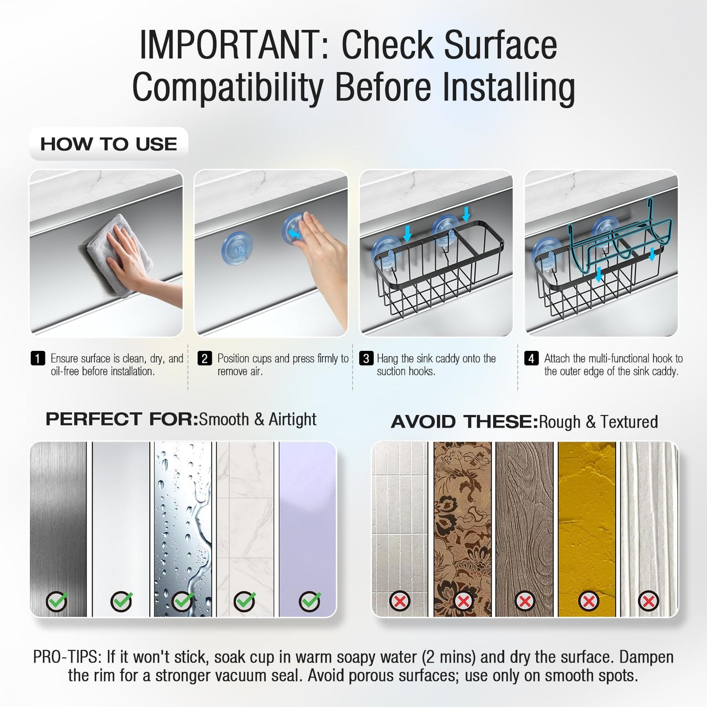 3-in-1 Kitchen Sink Caddy Organizer with Sponge Holder, Brush Holder, Extra Rack for Scrubber, Sink Stopper, Dish Cloth Hanger - Strong Dual Suction Cup, 2.0mm SUS304 Stainless Steel - Grey WN420