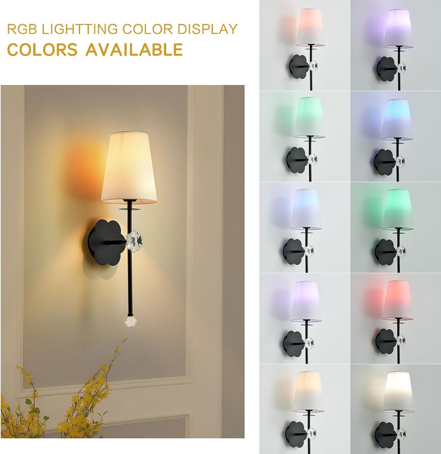 Battery Operated Wall Sconces, Black, Set of 2 | Crystal Plum Blossom Decor, Rechargeable, Detachable, Remote Cordless, Indoor for Bedroom Living Room Hallway Stairs WN420