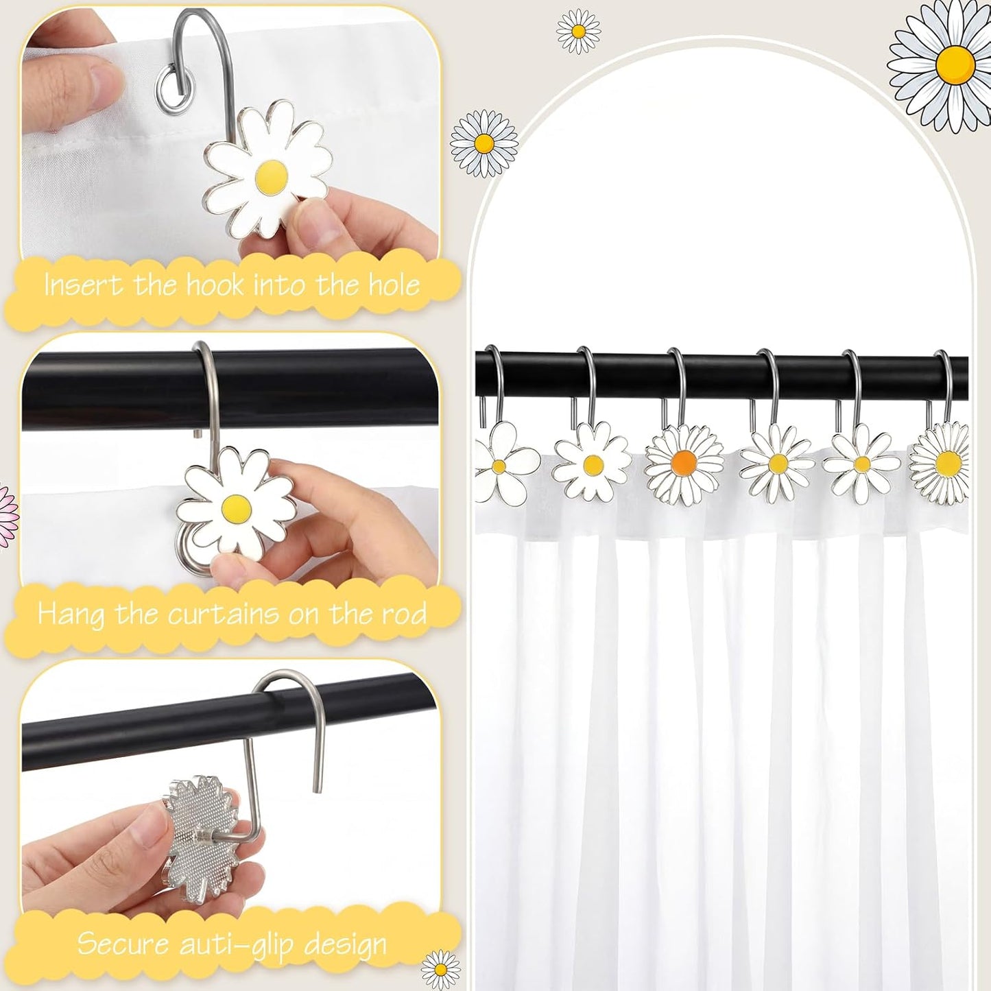 LEIFIDE 12 Pcs Spring Summer Metal Sunflower Shower Curtain Hooks SunflowerFlower Shower Curtain Hooks Floral Decorative Curtains Hangers Rings for Gifts Living Room Bathroom Decor BST326L