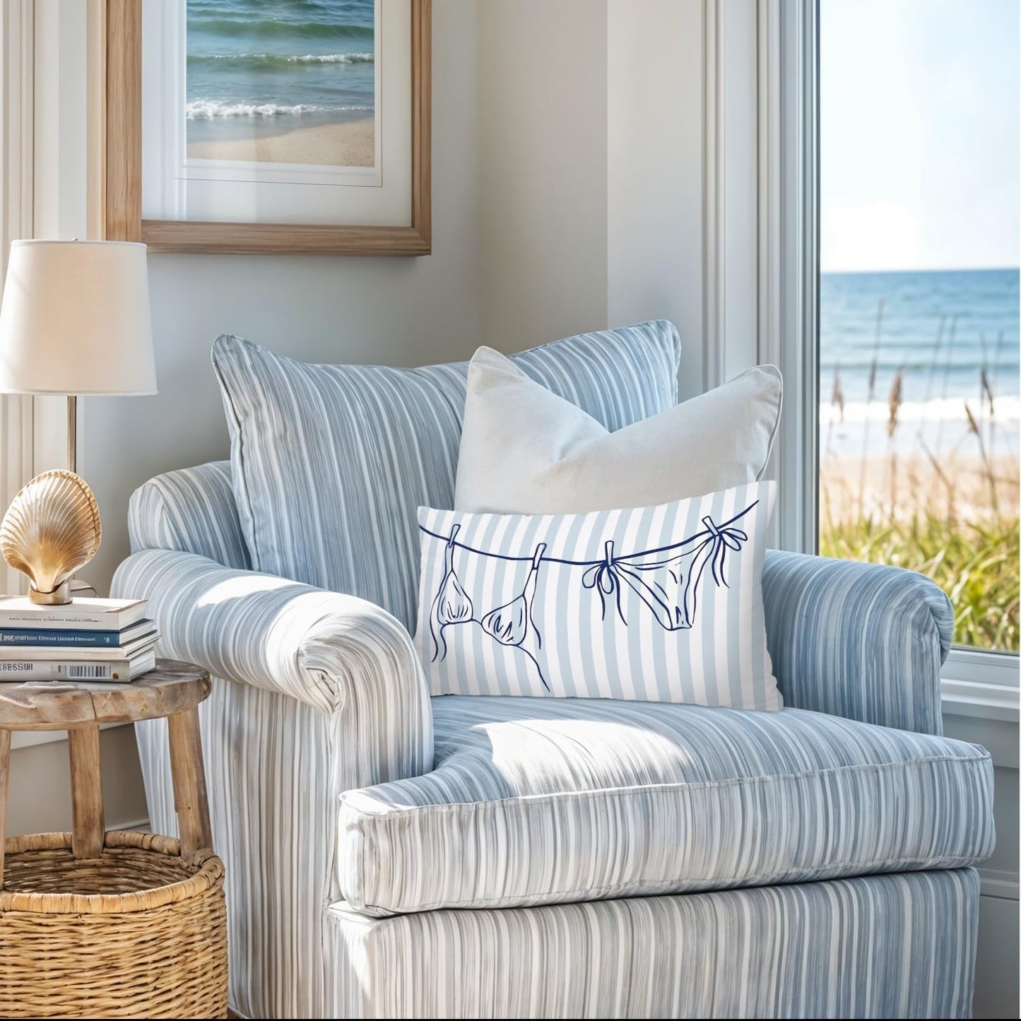 Coastal Beach Girly Room Decor 12x20 Pillow Cover, Preppy Beach Navy Blue Bikini Striped Decorative Lumbar Pillow Covers for Girls Bedroom College Dorm Sofa Couch BST326L