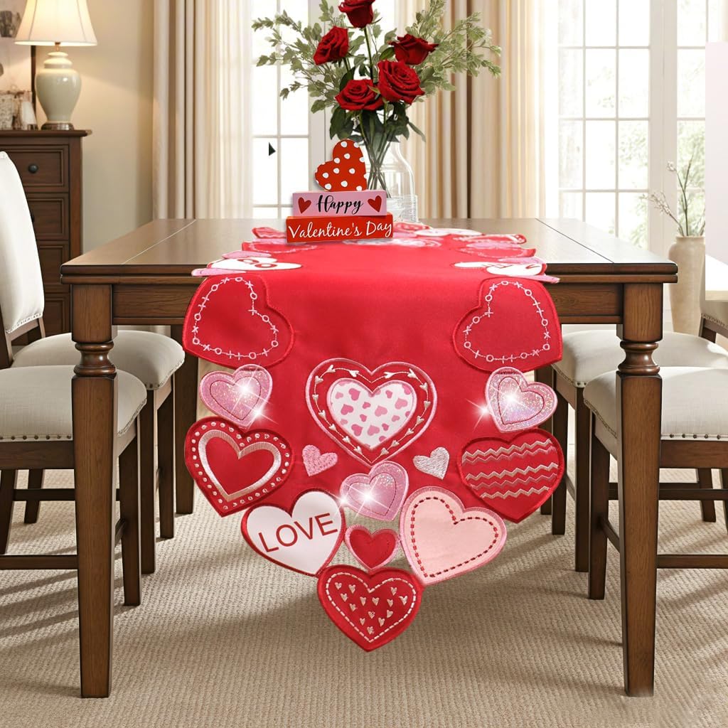Valentines Table Runner Embroidered Red Love Heart Pink Valentines Day Runner for Table Decorations 54 inches Long Sparkle Cut Out Wedding XOXO BST202