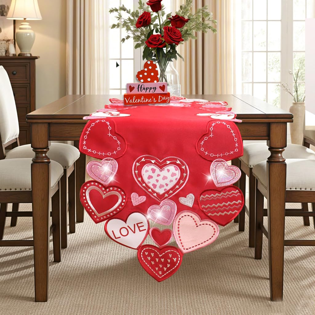 Valentines Table Runner Embroidered Red Love Heart Pink Valentines Day Runner for Table Decorations 54 inches Long Sparkle Cut Out Wedding XOXO BST202
