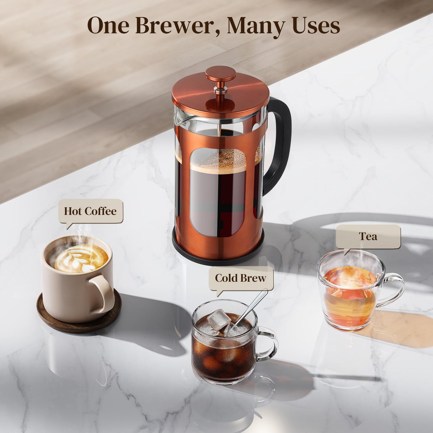 Veken French Press Coffee Maker 34oz, No Plastic Touching Cafe,Thickened Glass Stainless Steel Brewer, Cold Brew Cafetera Tea pot for Kitchen Travel Camping, Gifts, Decor, Bar Accessories, Dark Pewter