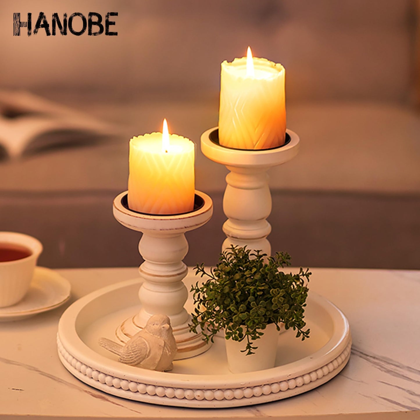 Hanobe Decorative Tray for Coffee Table: 10.5-Inch Round Whitewashed Wood Tray for Rustic Farmhouse Living Room Kitchen Island Entryway Home Decor BST326H