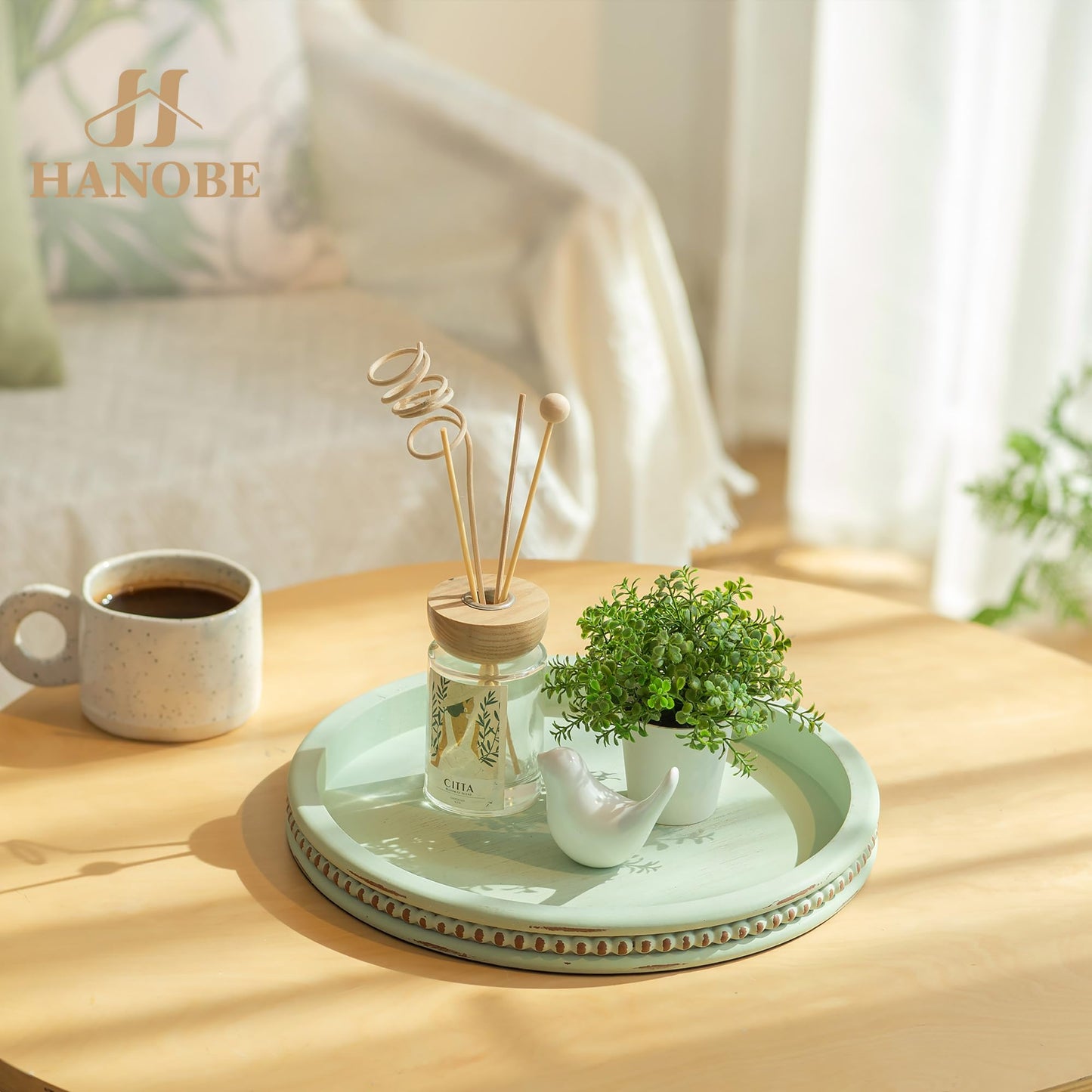Hanobe Decorative Tray for Coffee Table: 10.5-Inch Round Whitewashed Wood Tray for Rustic Farmhouse Living Room Kitchen Island Entryway Home Decor BST326H
