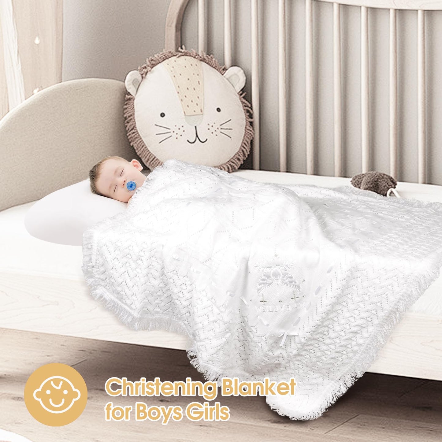 Baby Blanket White Baptism Gifts for Girl Boys First Communion Christening Christian Gifts for Kids White Soft Crochet Knitted Towel BST326H