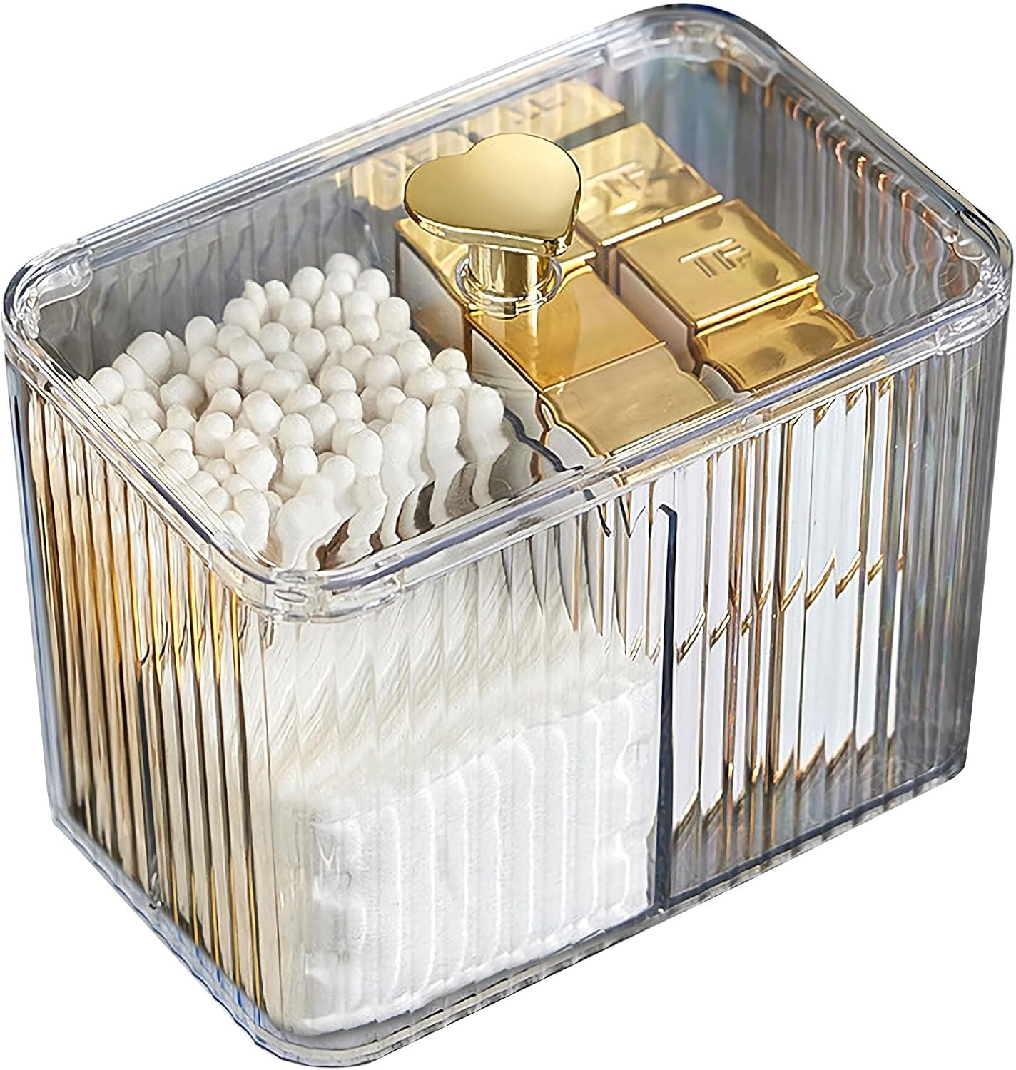 Qtips Holder Bathroom Container, 3-Section Cotton Buds Ball Dispenser, Clear Bathroom Organizer Jar, Cosmetics Storage for Vanity BST326L