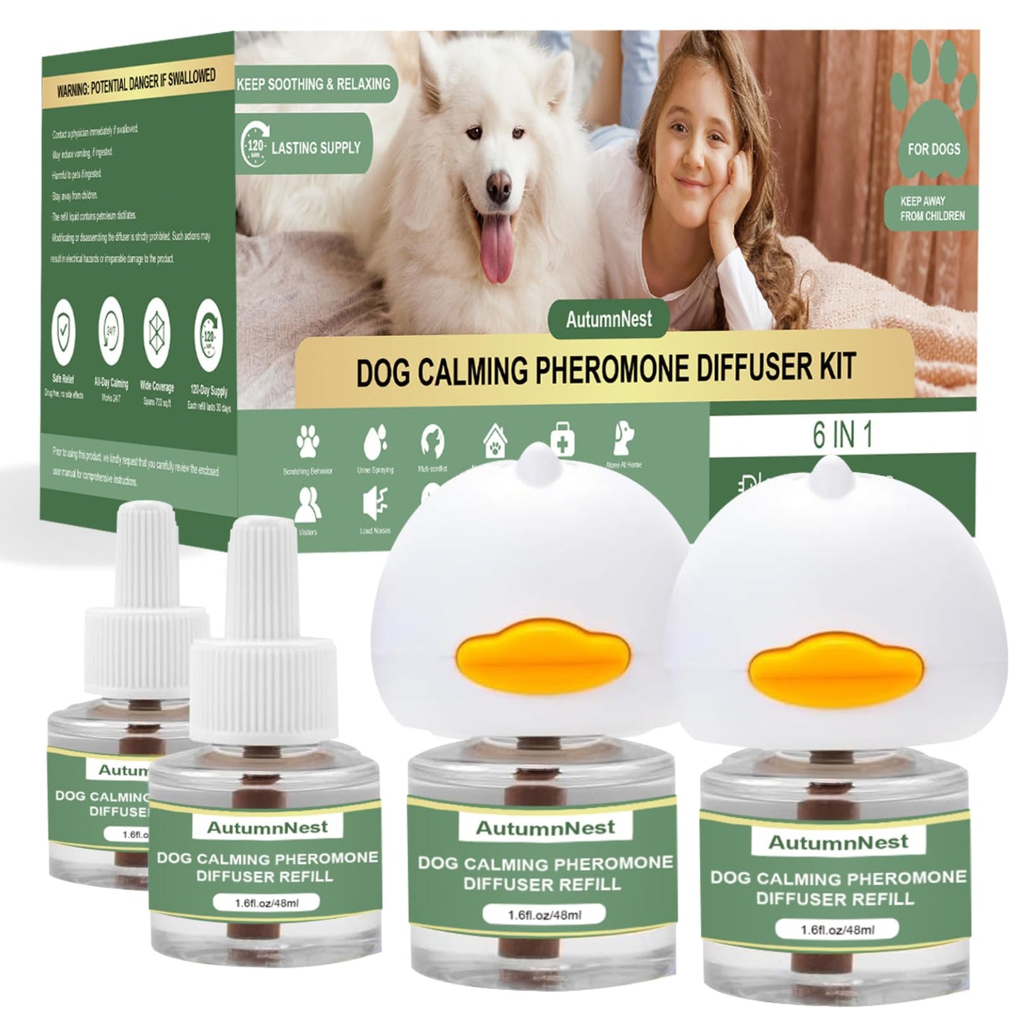 8-in-1 Dog Calming Pheromone Diffuser Kit – Pet Stress Support (2 Plug-Ins & 6x48ml Refills), Calming Diffuser for Dog During Thunderstorms, Travel, Separation, Fireworks & Vet Visits, 180-Day Supply WN420