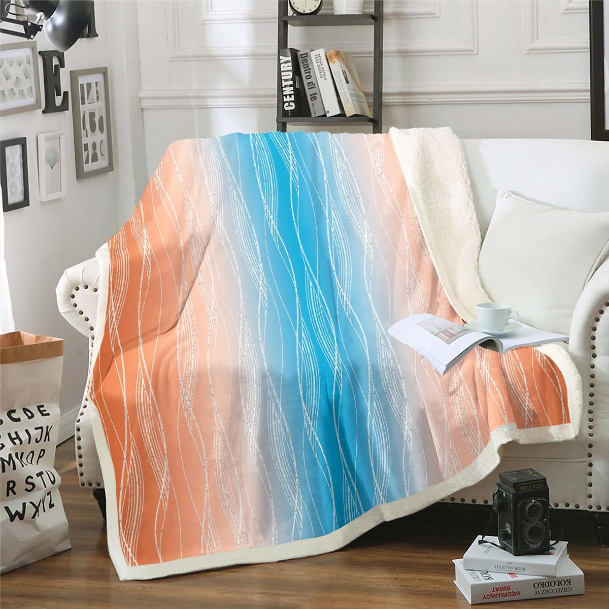 Erosebridal Boys Blue Red Throw Blanket 40"X50" Abstract Ombre Kids Fleece Bed Blanket Geometric Striped Sherpa Blanket Silver White Wavy Line Warm Fuzzy Blanket Soft Lightweight Bedroom Decor BST326H